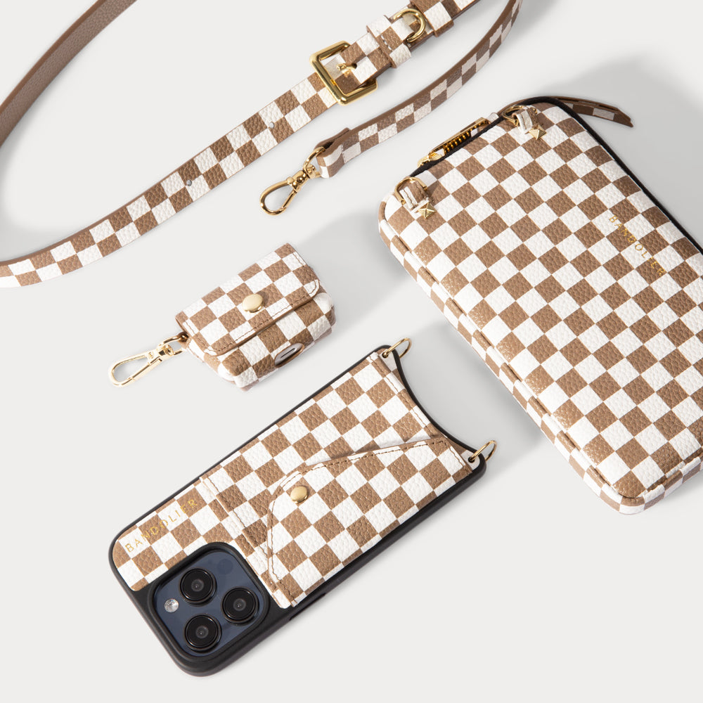 Pebble Leather Expanded Zip Pouch - Taupe Checker/Gold