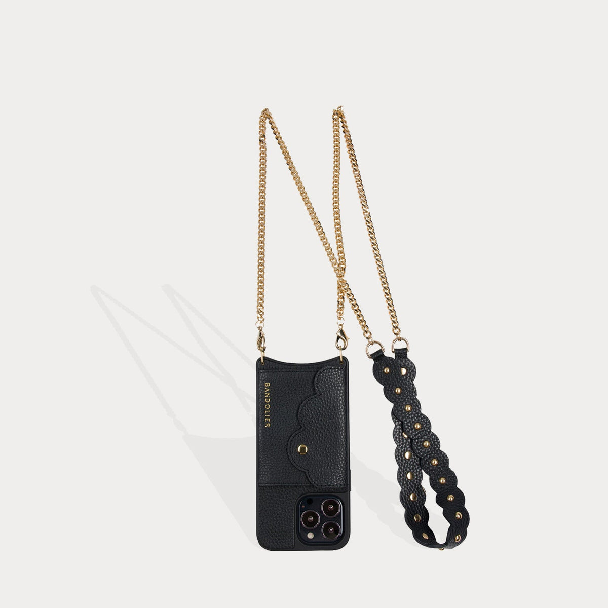 Hailey Folio Pebble Leather Crossbody Bandolier in Black/Gold | 13 / iPhone Pro Max | Functional Design | Bandolier Style