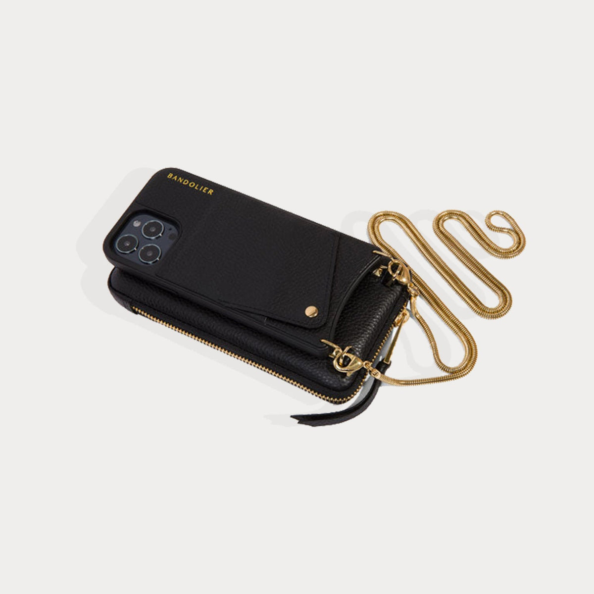 Hailey Folio Pebble Leather Crossbody Bandolier in Black/Gold | 13 / iPhone Pro Max | Functional Design | Bandolier Style
