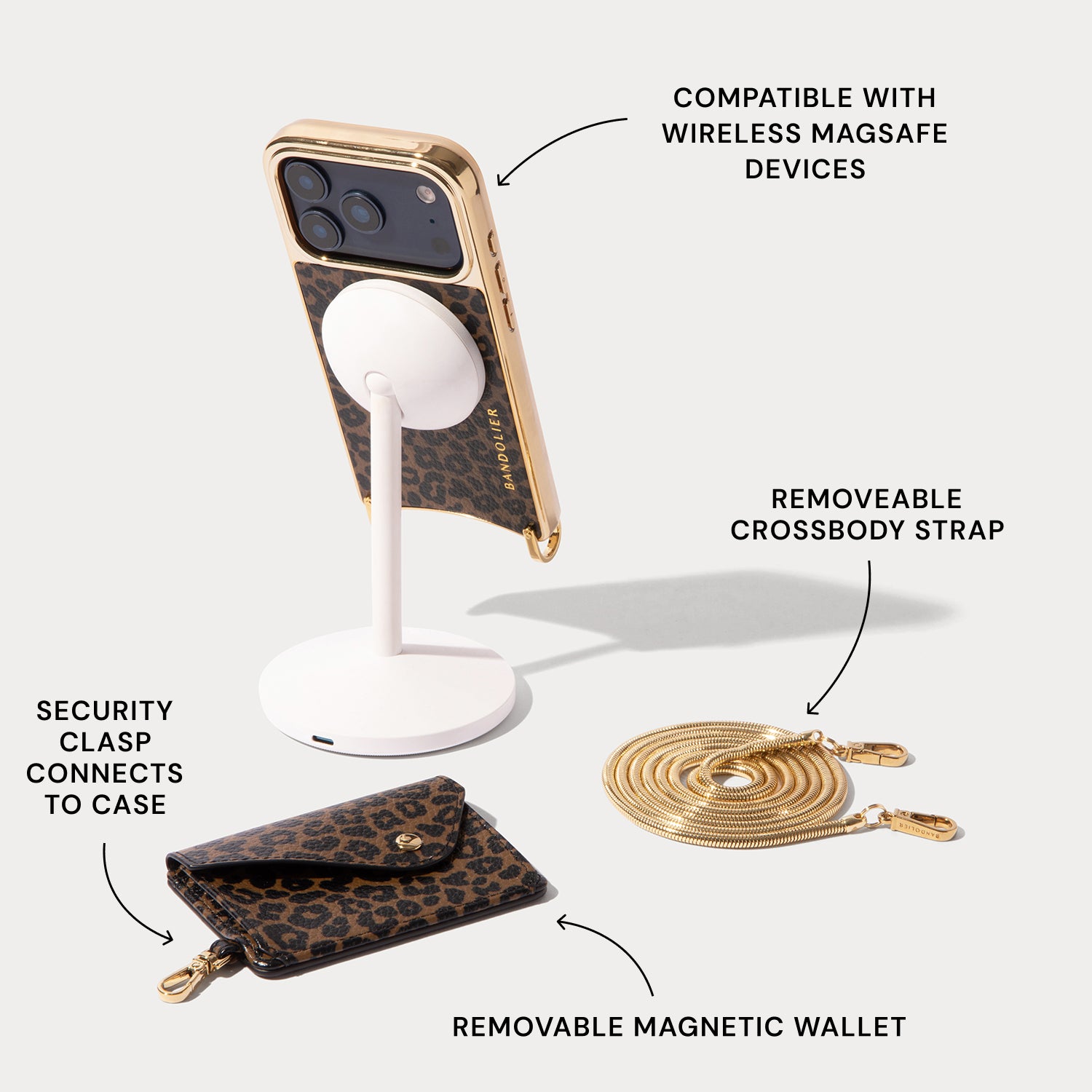 Remi Chrome Magnet Wallet Crossbody Phone Case - Dark Leopard/Gold