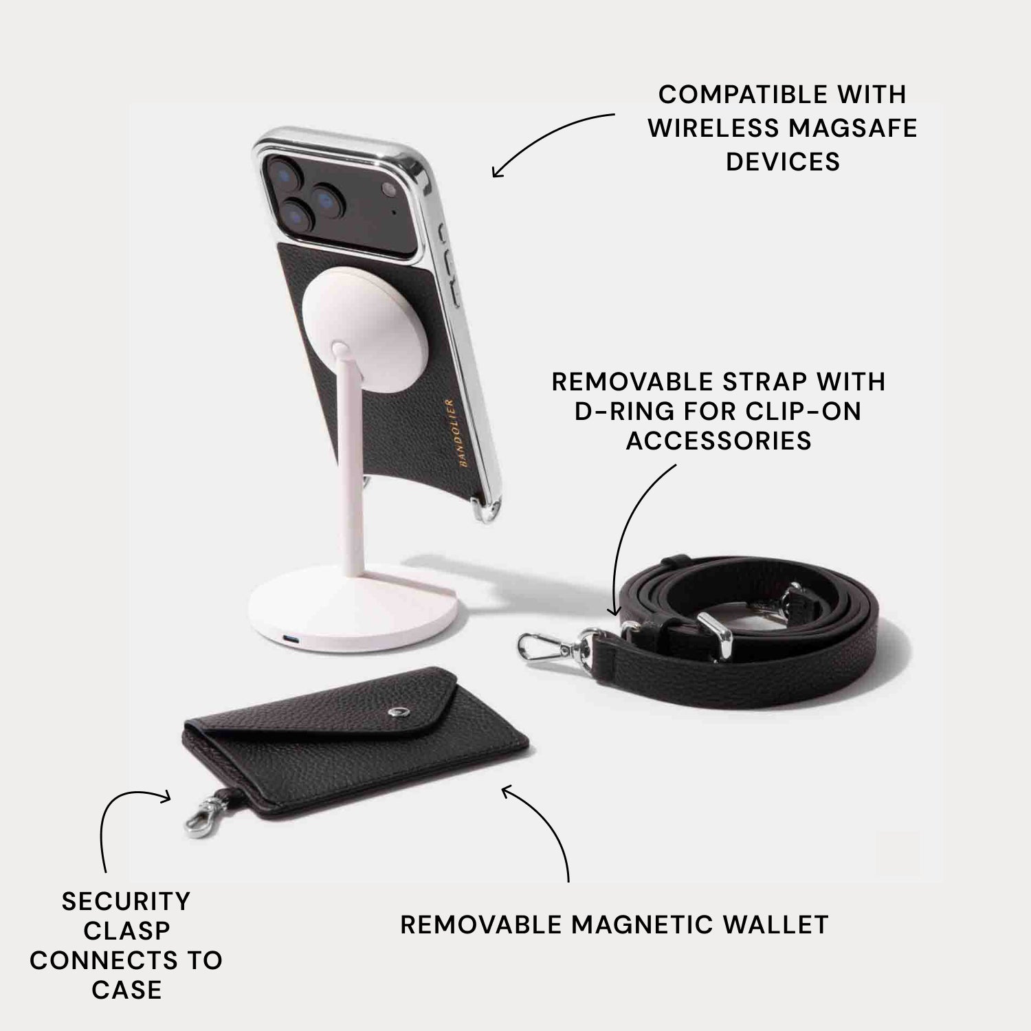 Remi Chrome Magnet Wallet Crossbody Phone Case - Black/Chrome Silver