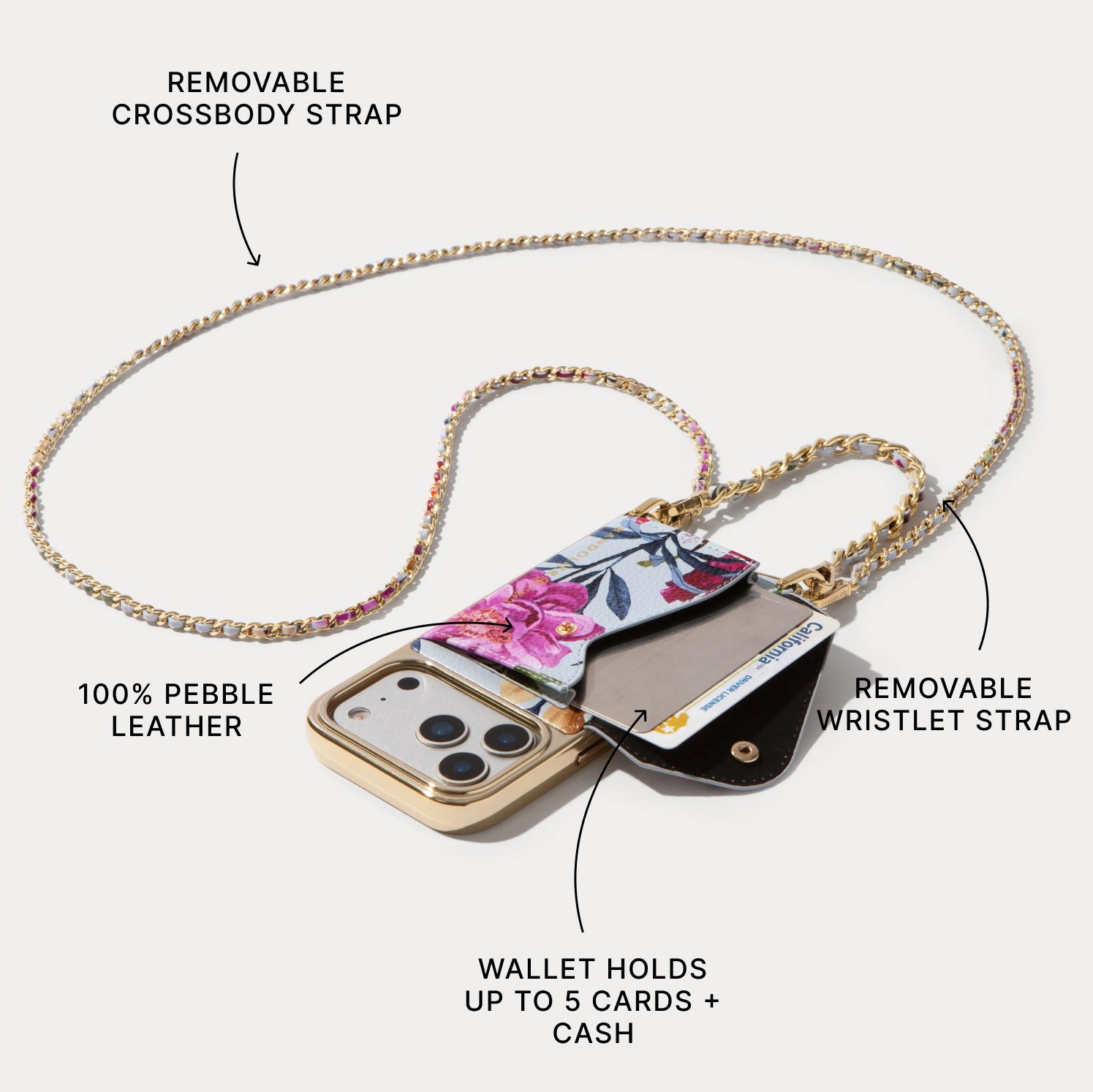 Lily Chrome Side Slot Leather Crossbody Bandolier Set - Ceci Blue Floral Chrome/Gold