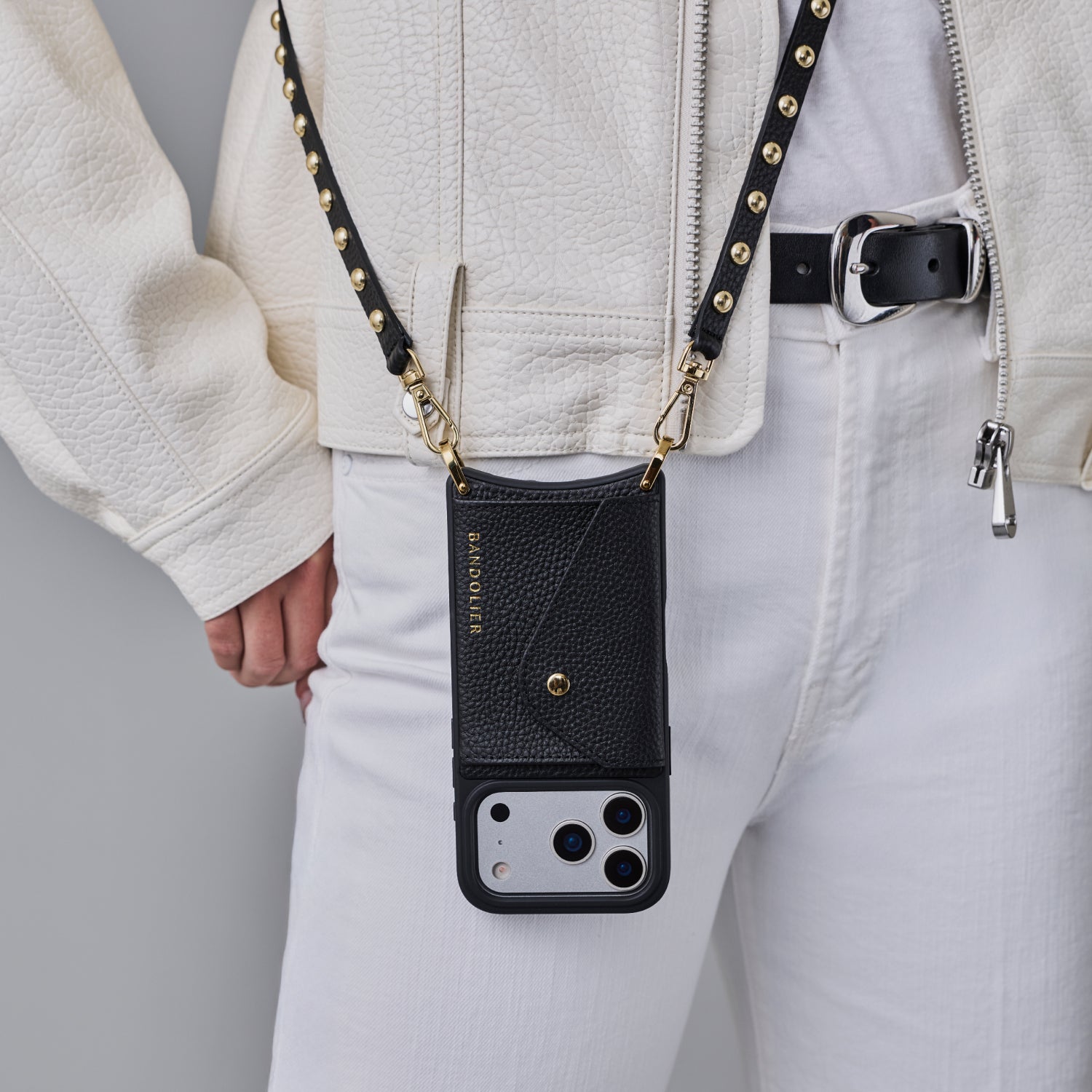 Annie Pebble Leather Crossbody Bandolier - Black/Gold