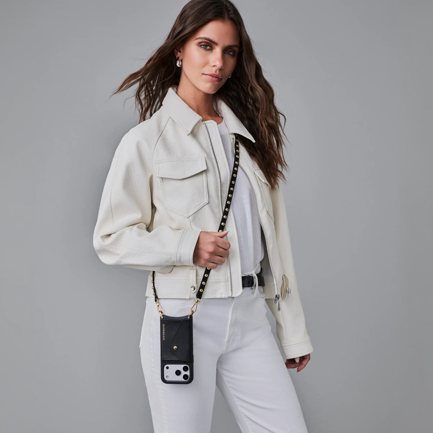 Annie Pebble Leather Crossbody Bandolier - Black/Gold