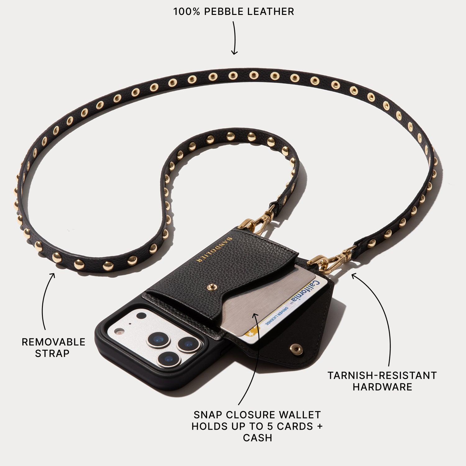 Annie Pebble Leather Crossbody Bandolier - Black/Gold