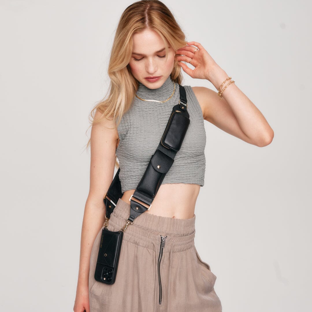 Billie Crossbody Utility Strap Only in Black/Gold | Genuine Leather | Bandolier Style