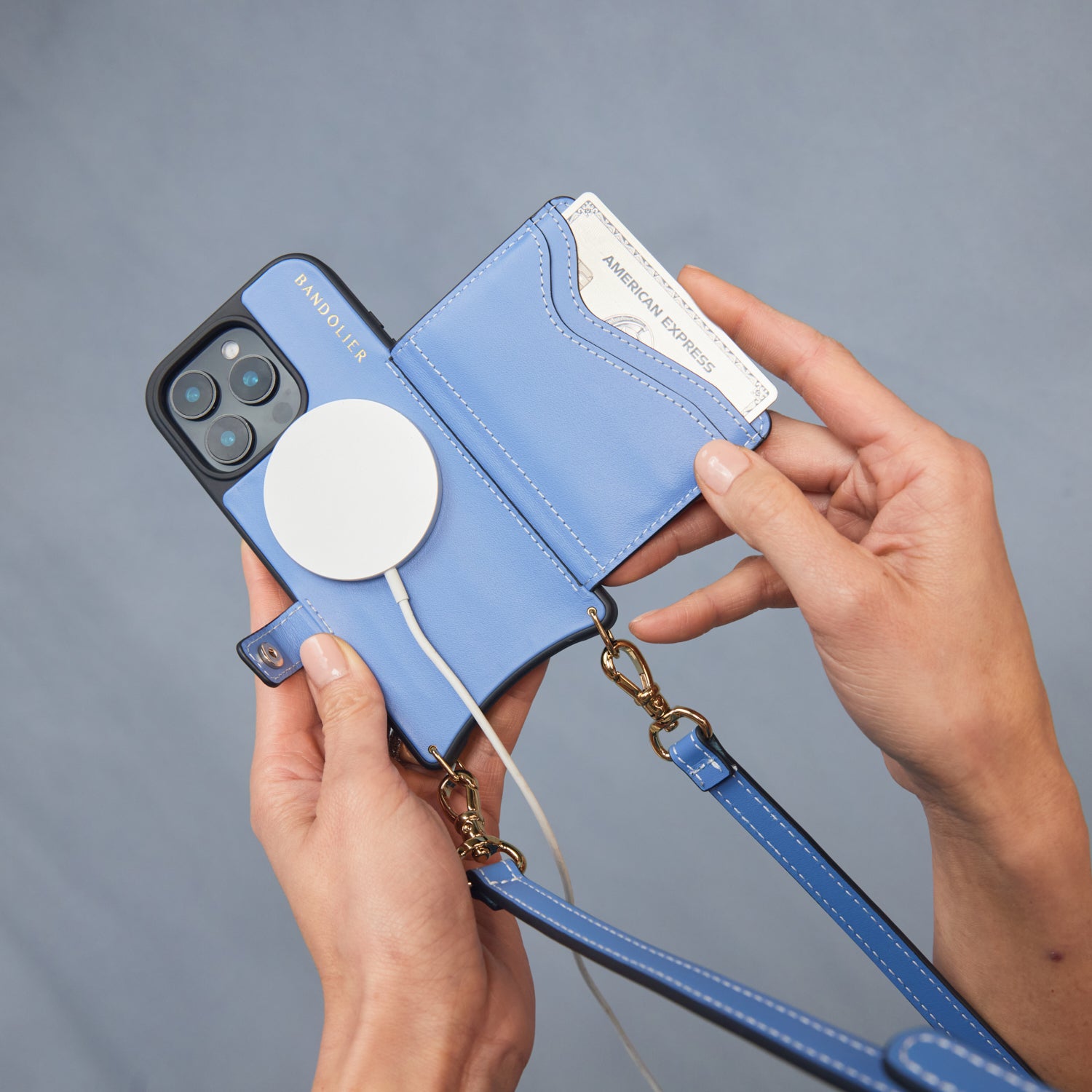 Casey Magsafe Charging Crossbody Bandolier Dusty Blue/Gold