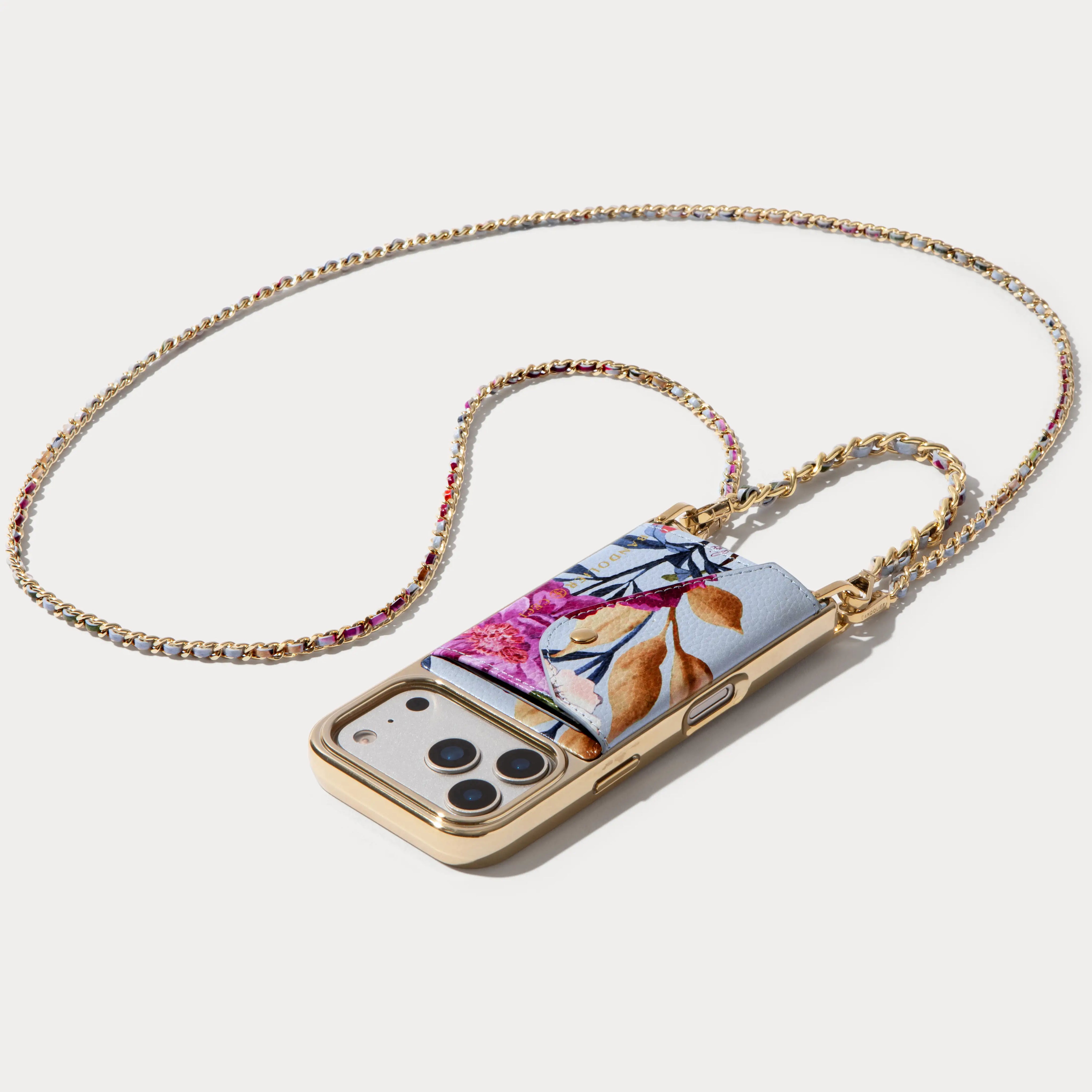 Lily Chrome Side Slot Leather Crossbody Bandolier Set - Ceci Blue Floral Chrome/Gold