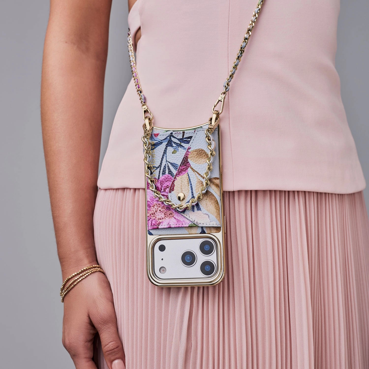 Lily Chrome Side Slot Leather Crossbody Bandolier Set - Ceci Blue Floral Chrome/Gold