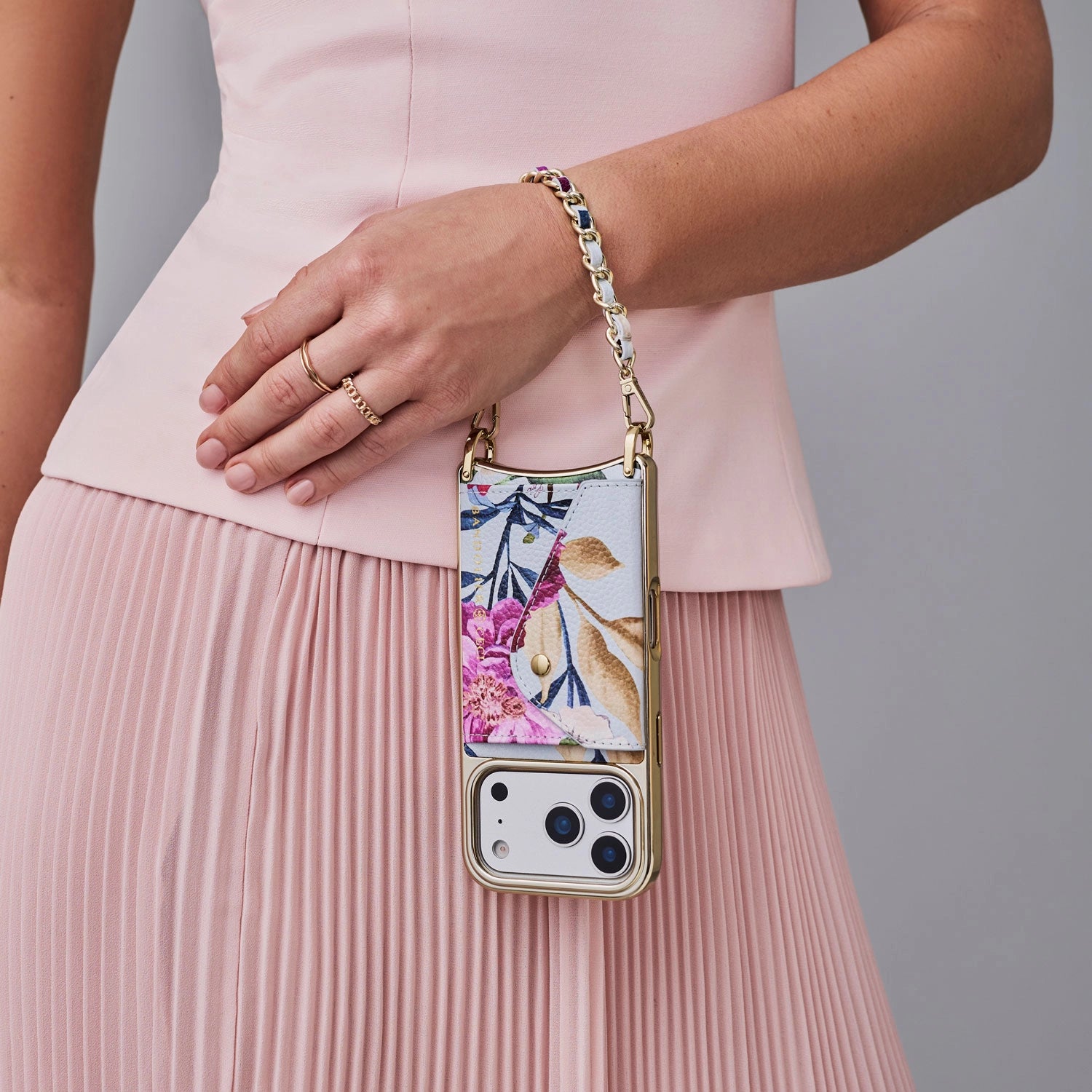 Lily Chrome Side Slot Leather Crossbody Bandolier Set - Ceci Blue Floral Chrome/Gold