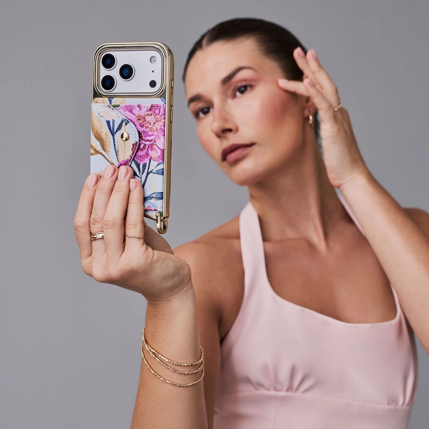 Lily Chrome Side Slot Leather Crossbody Bandolier Set - Ceci Blue Floral Chrome/Gold