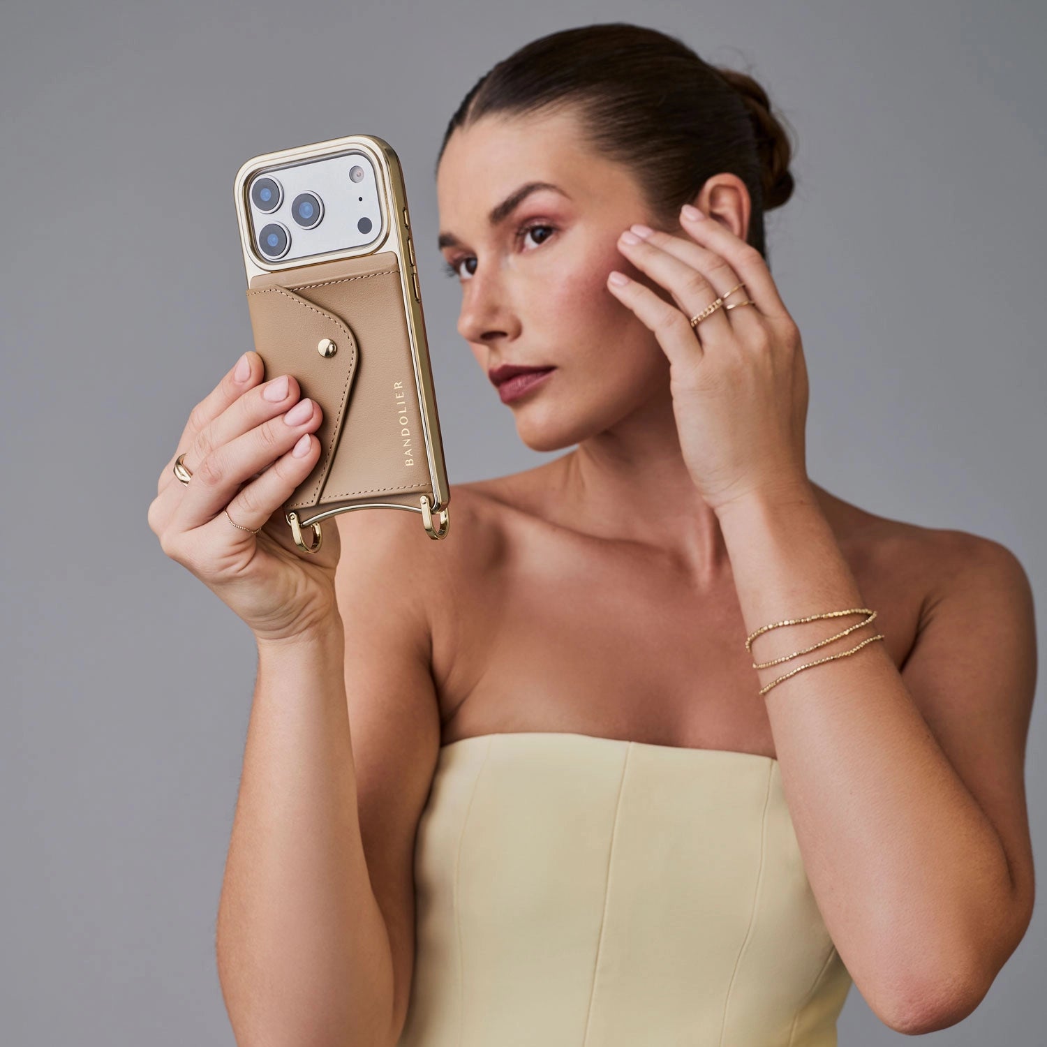 Donna Chrome Crossbody Phone Case - Tan/Chrome Gold