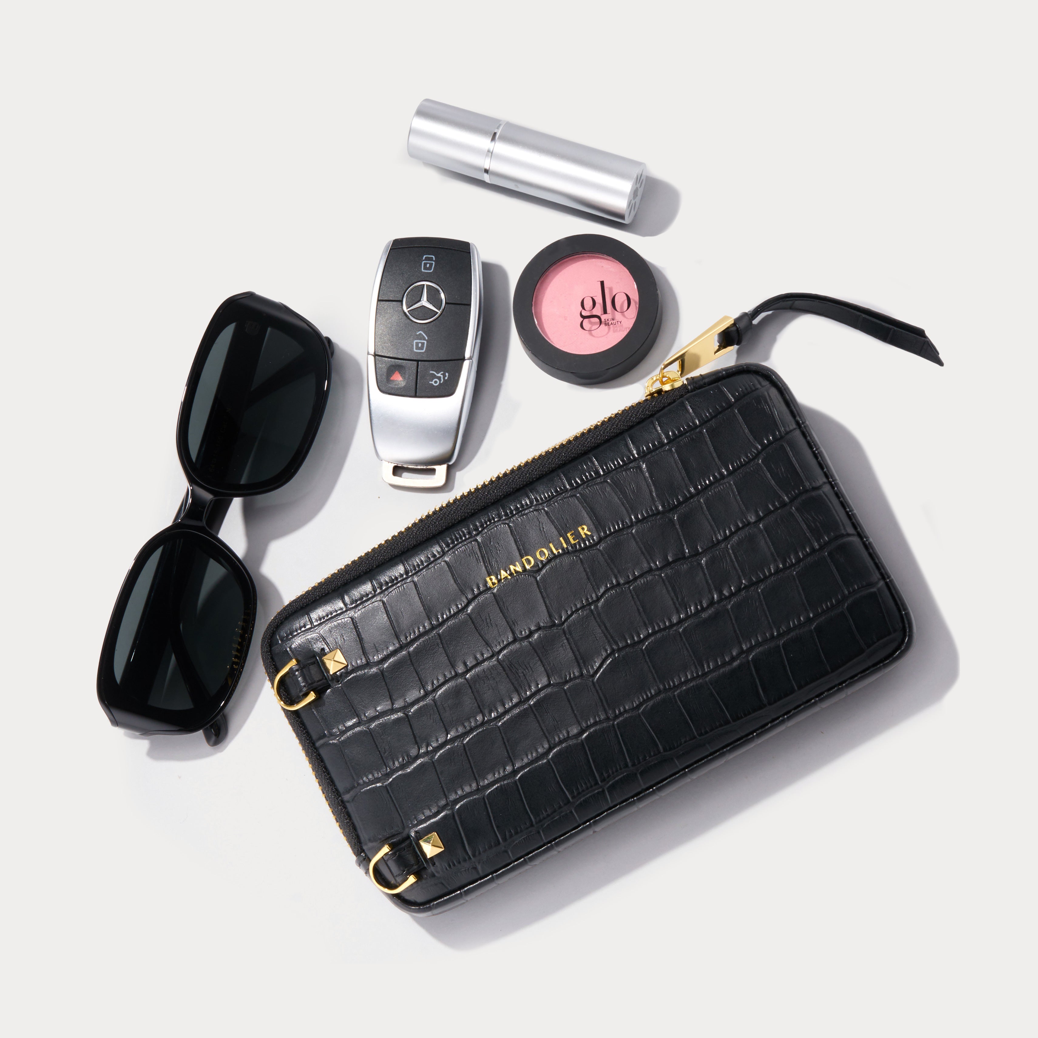 Expanded Zip Pouch - Black Croc/Gold