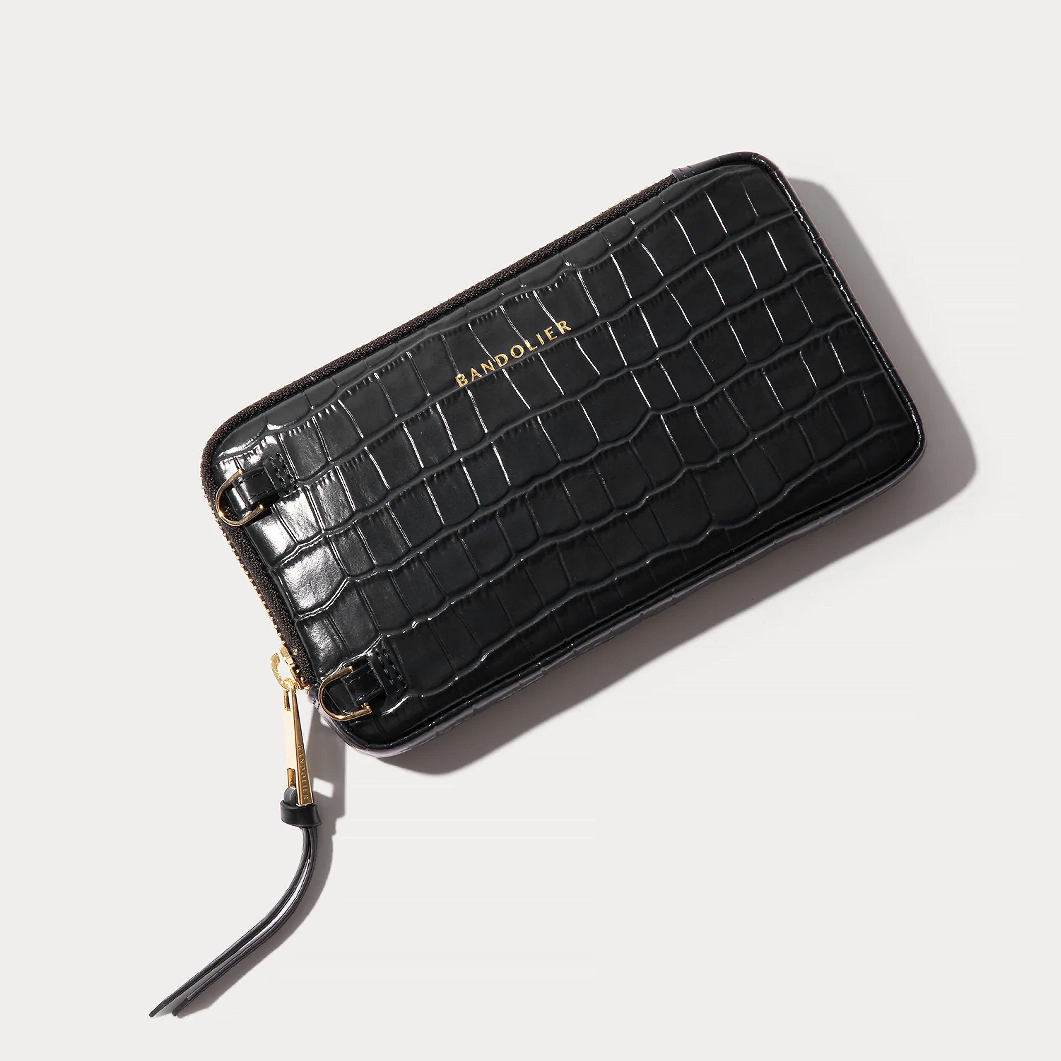 Expanded Zip Pouch - Black Croc/Gold