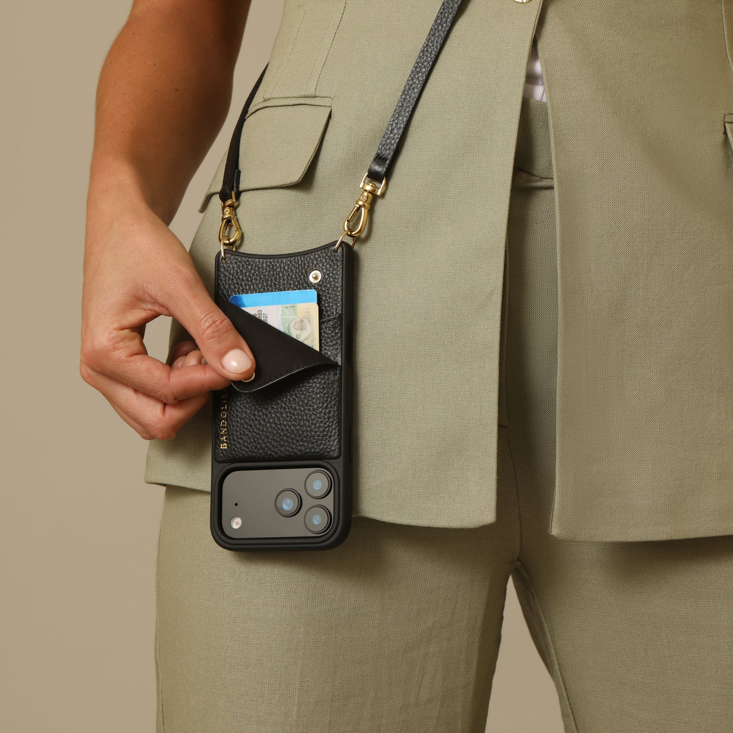 Emma Pebble Leather Crossbody Bandolier - Black/Gold