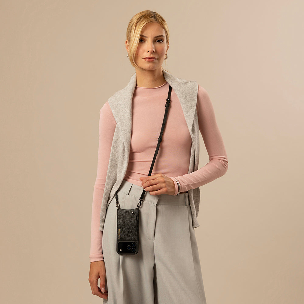 Emma Pebble Leather Crossbody Bandolier - Black/Pewter