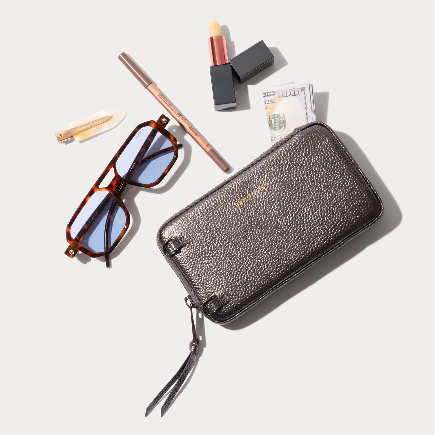 Pebble Leather Expanded Zip Pouch - Metallic Pewter/Pewter
