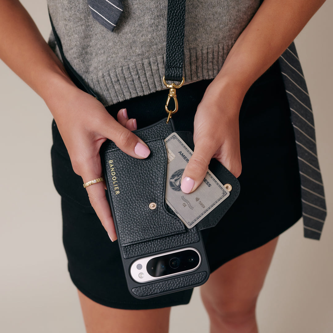 Hailey Google Pixel Side Slot Leather Crossbody Bandolier - Black/Gold