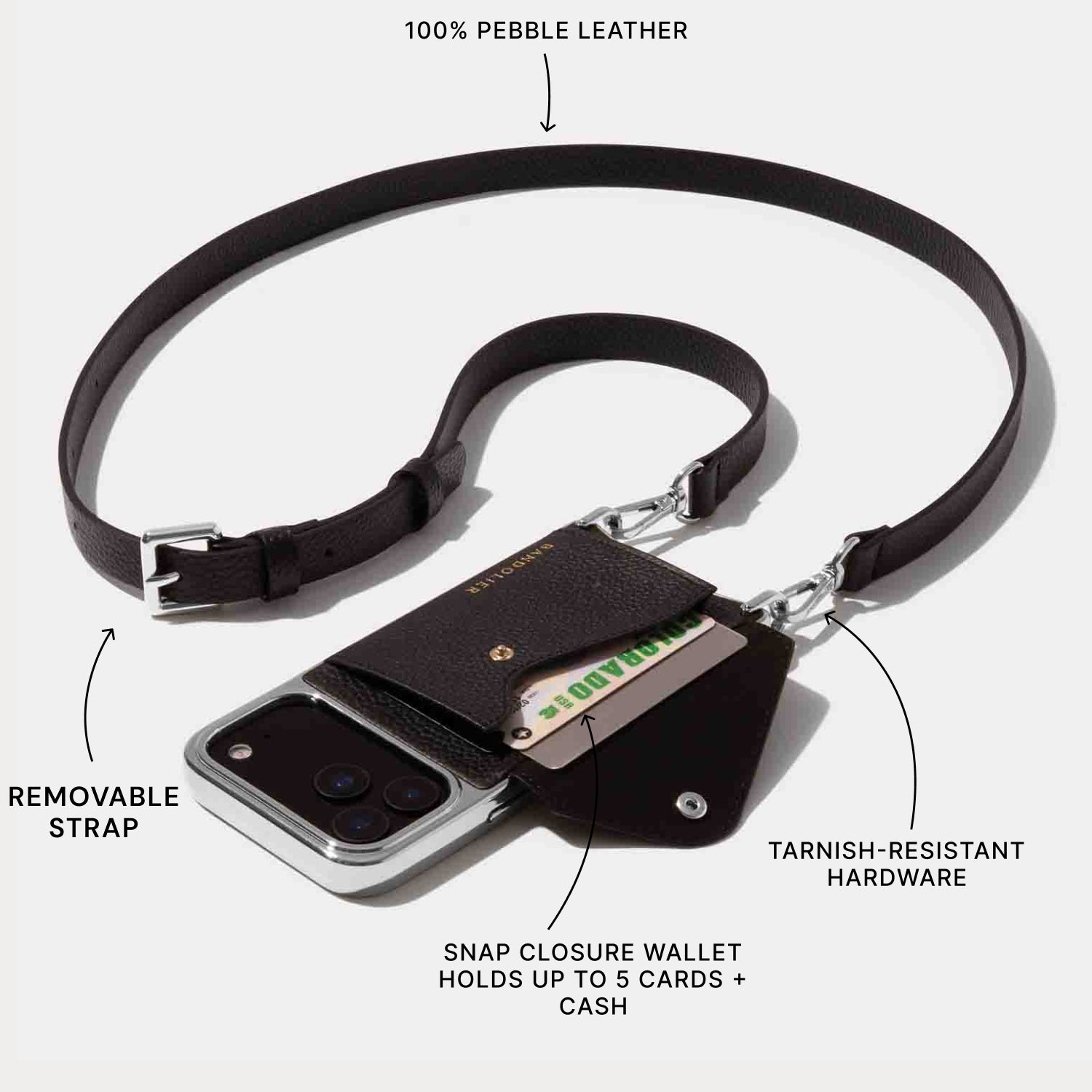 Hailey Chrome Crossbody Phone Case - Black/Chrome Silver