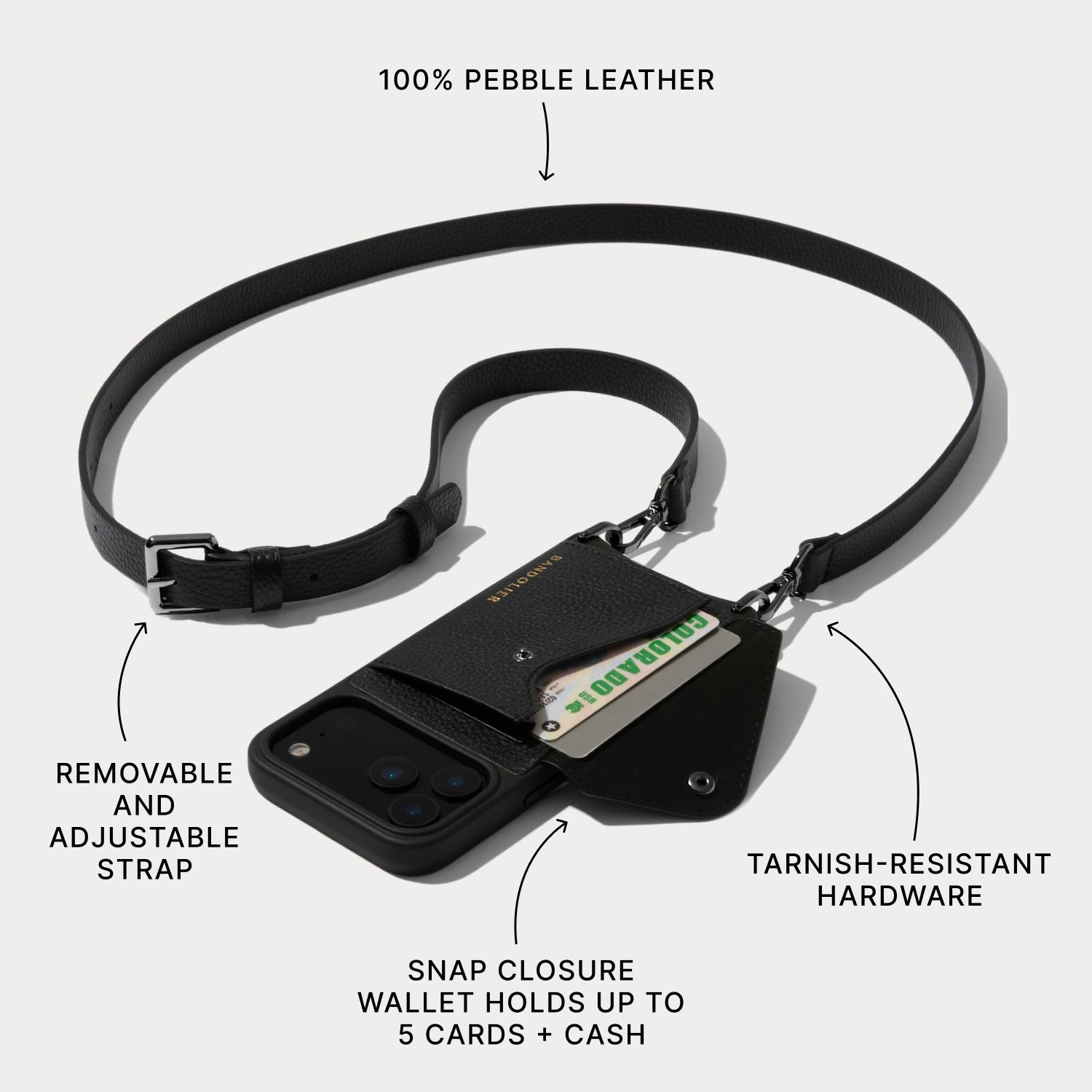 Hailey Side Slot Leather Crossbody Bandolier - Black/Pewter