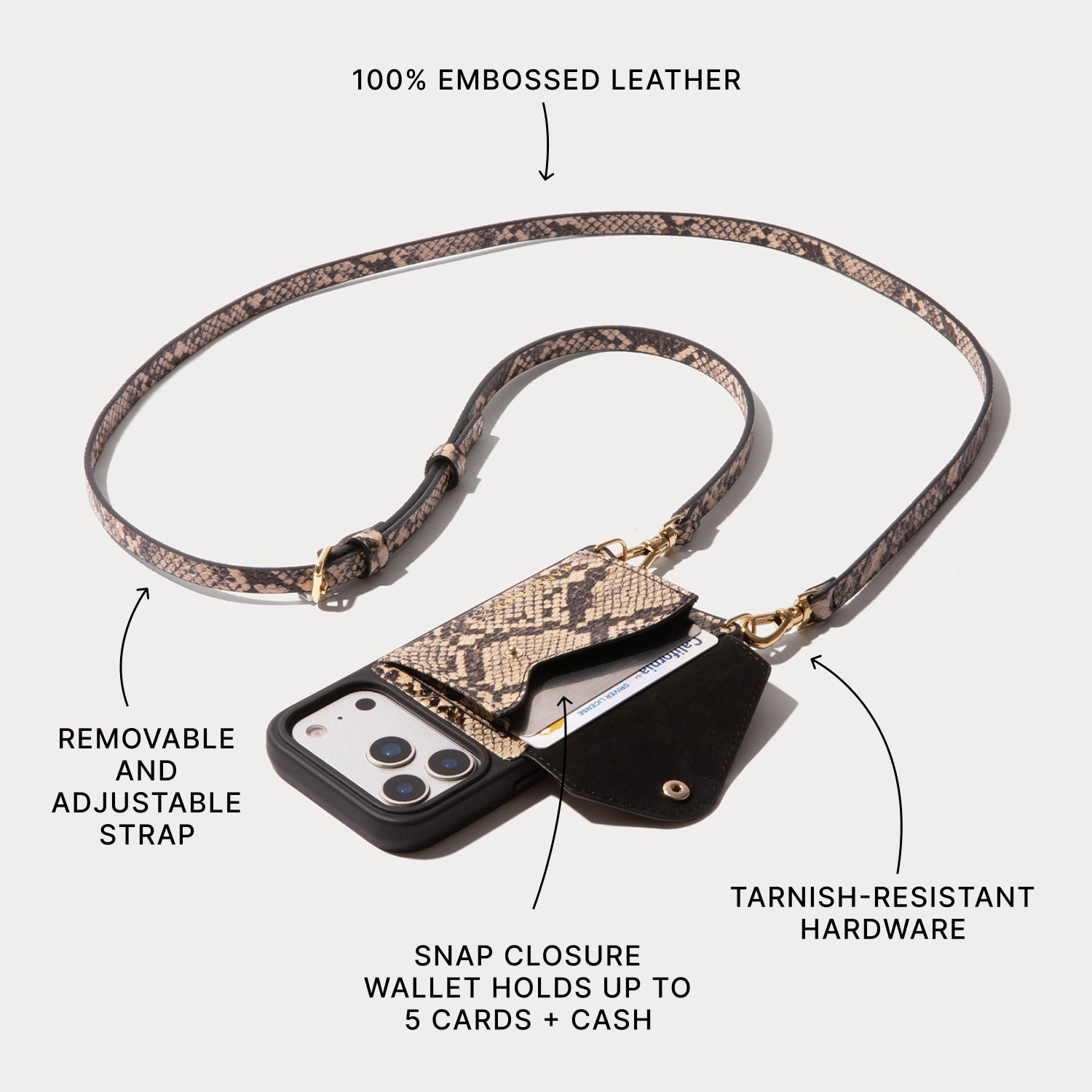 Donna Crossbody Phone Case - Grey Snake/Gold