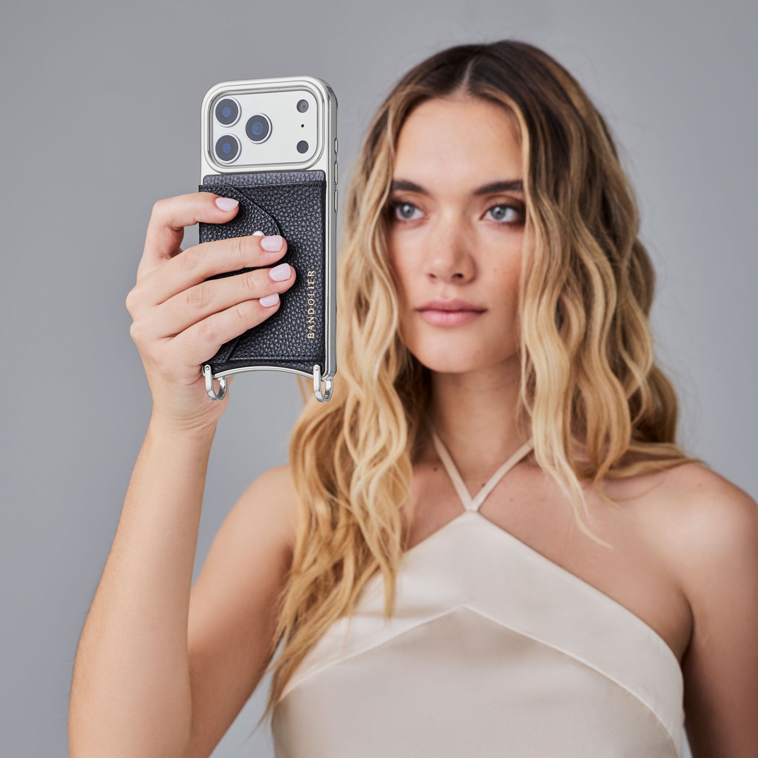 Hailey Chrome Crossbody Phone Case - Black/Chrome Silver