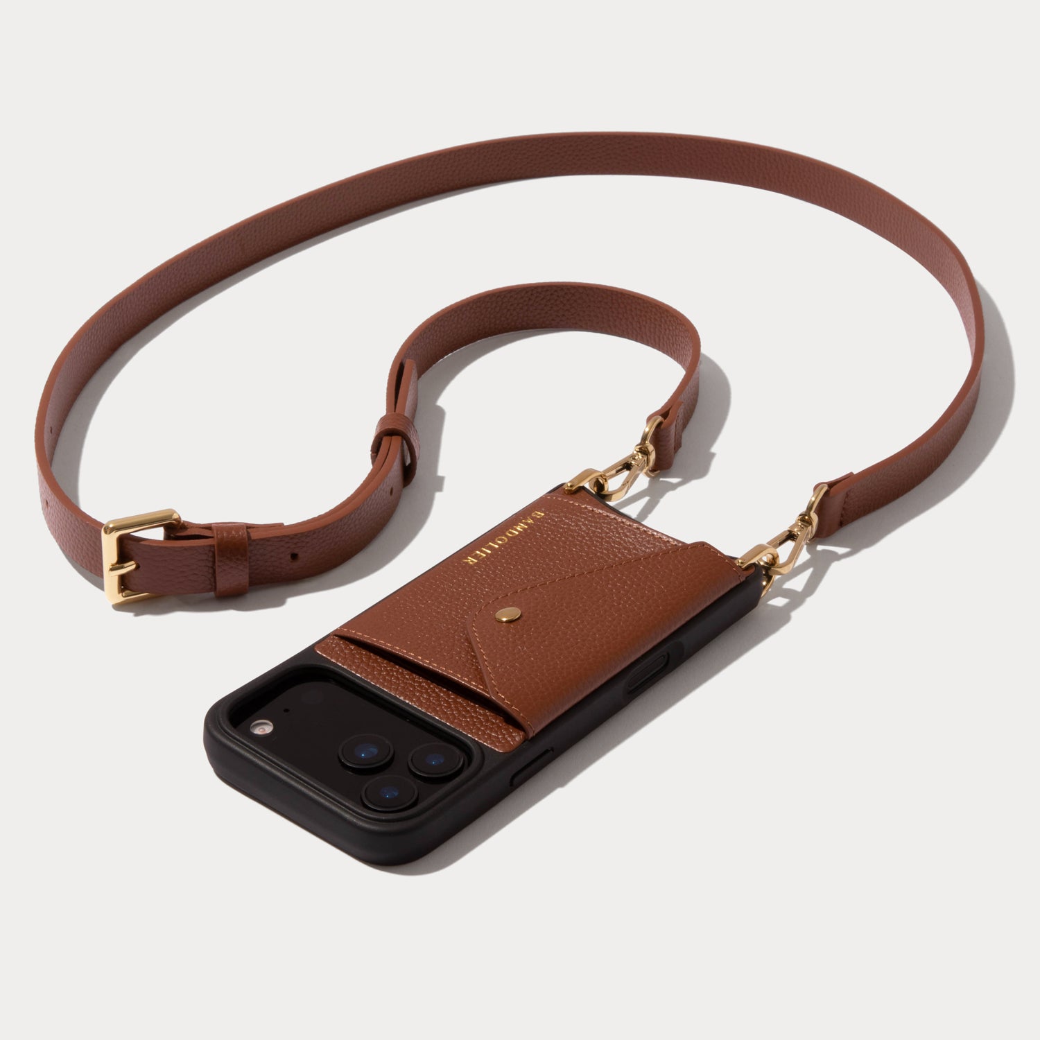 Hailey Side Slot Leather Crossbody Bandolier - Cognac/Gold