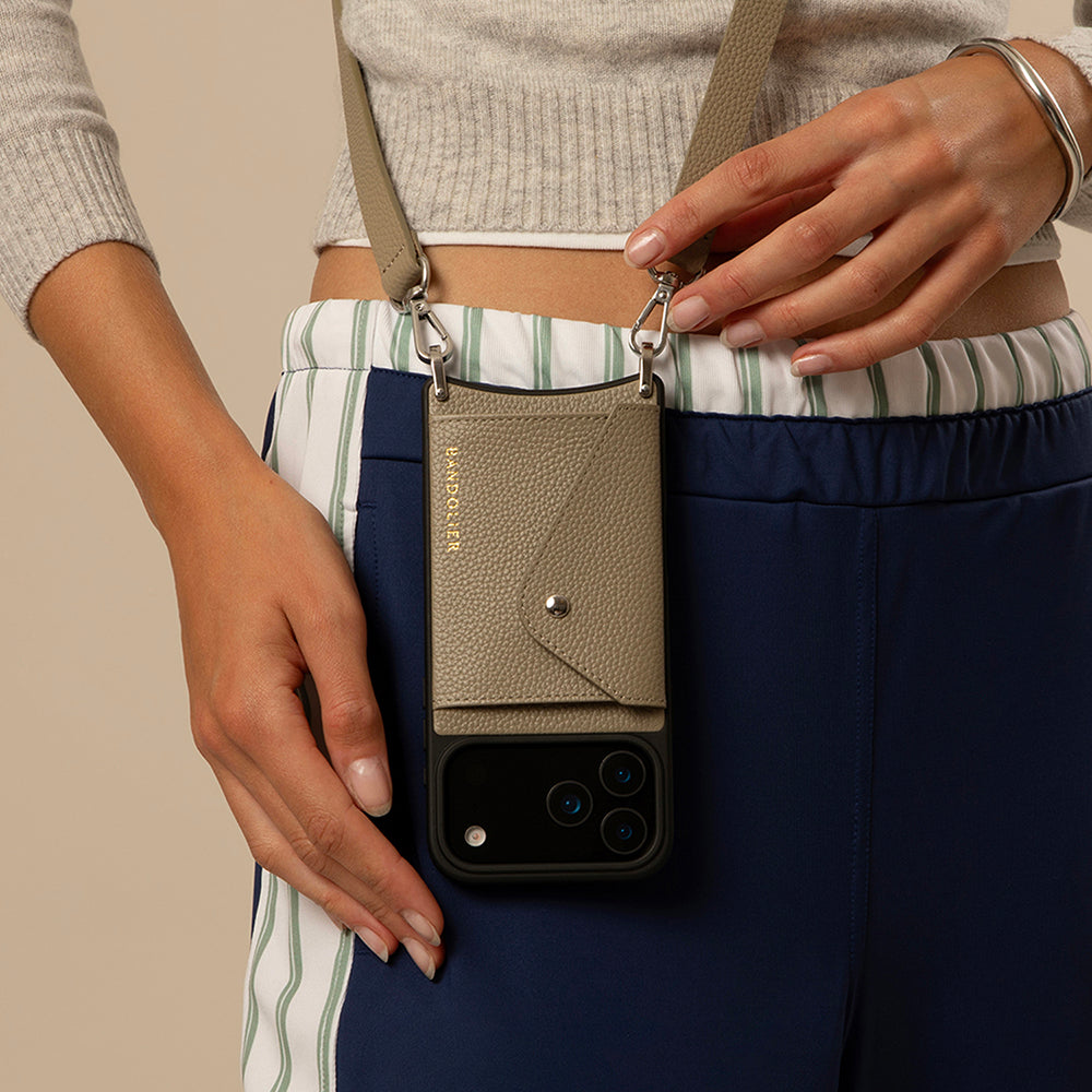 Hailey Side Slot Leather Crossbody Bandolier - Greige/Silver