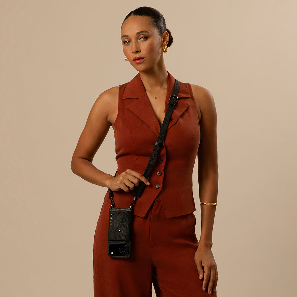 Hailey Side Slot Leather Crossbody Bandolier - Black/Pewter