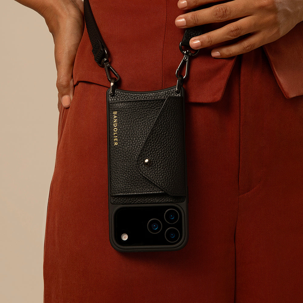 Hailey Side Slot Leather Crossbody Bandolier - Black/Pewter