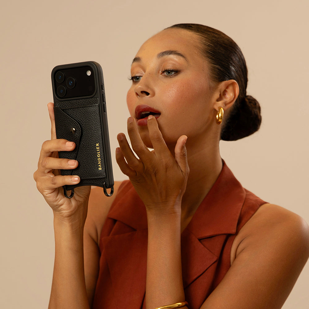 Hailey Side Slot Leather Crossbody Bandolier - Black/Pewter