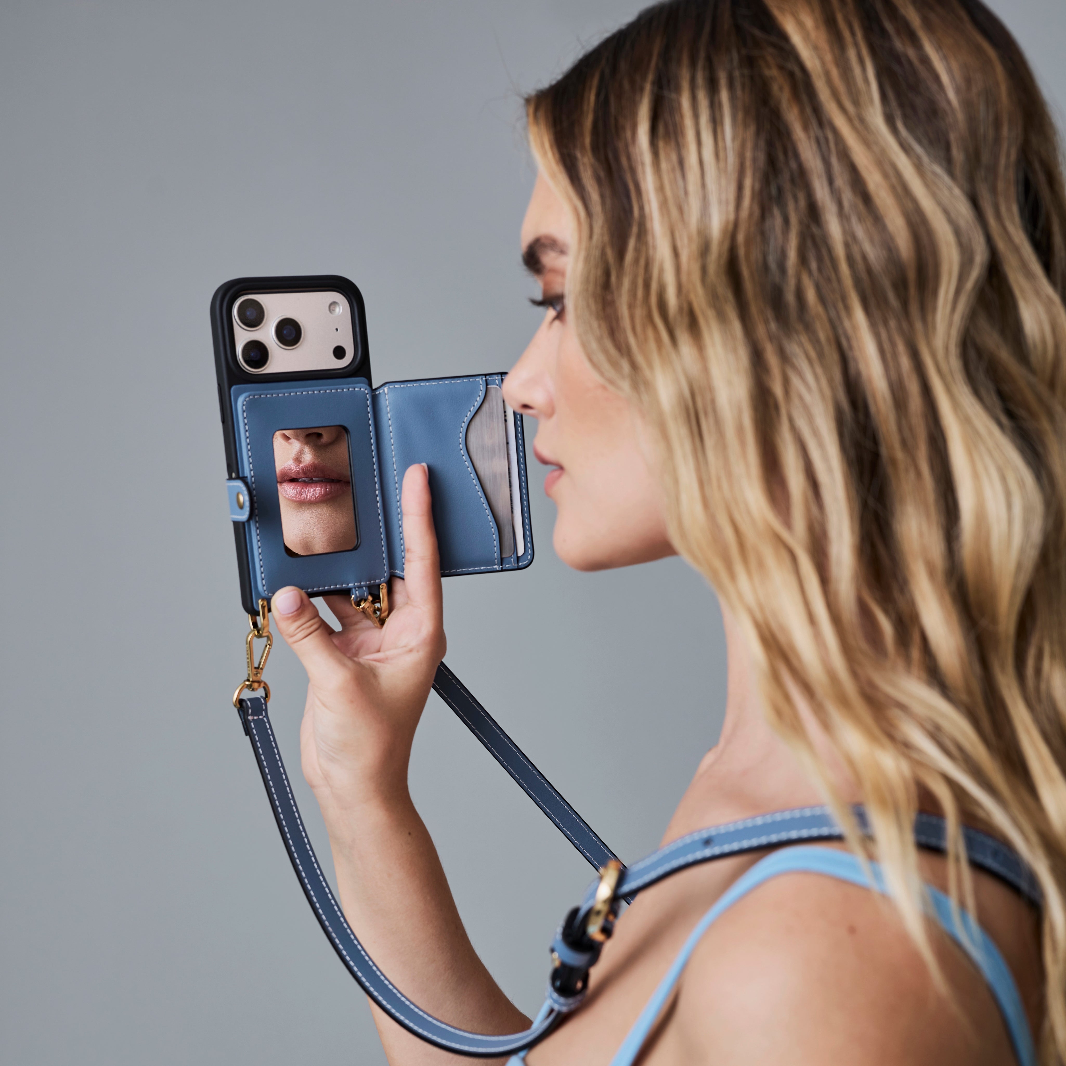 Ivy Magnet Wallet Crossbody Phone Case - Dusty Blue/Gold