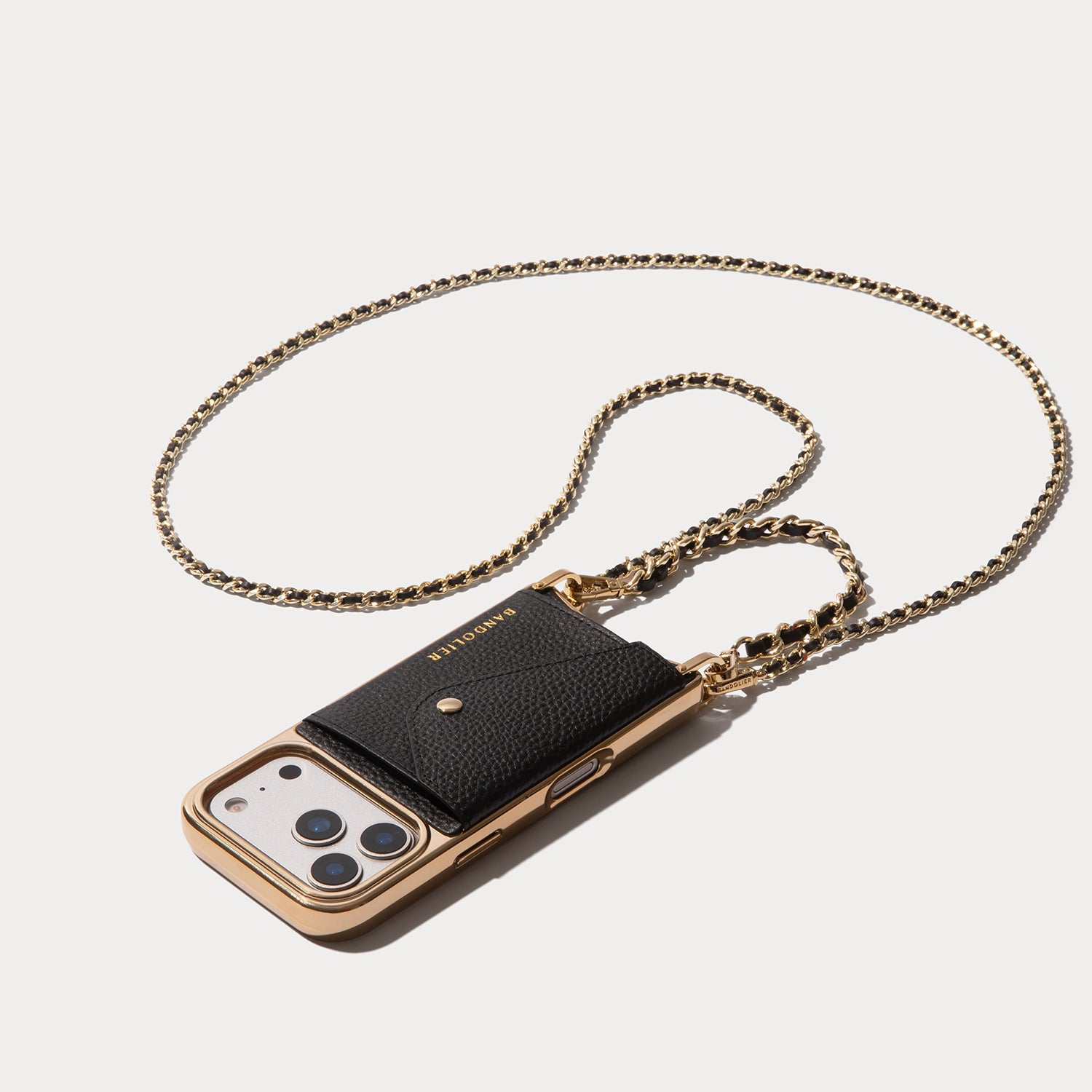 Lily Chrome Side Slot Leather Crossbody Bandolier Set - Black Chrome/Gold