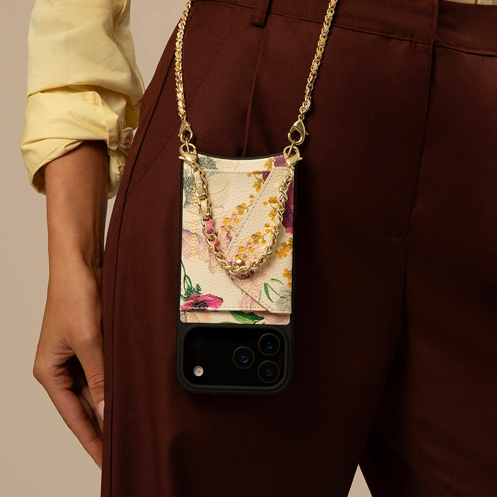 Lily Side Slot Leather Crossbody Bandolier - Ceci Ivory Floral/Gold