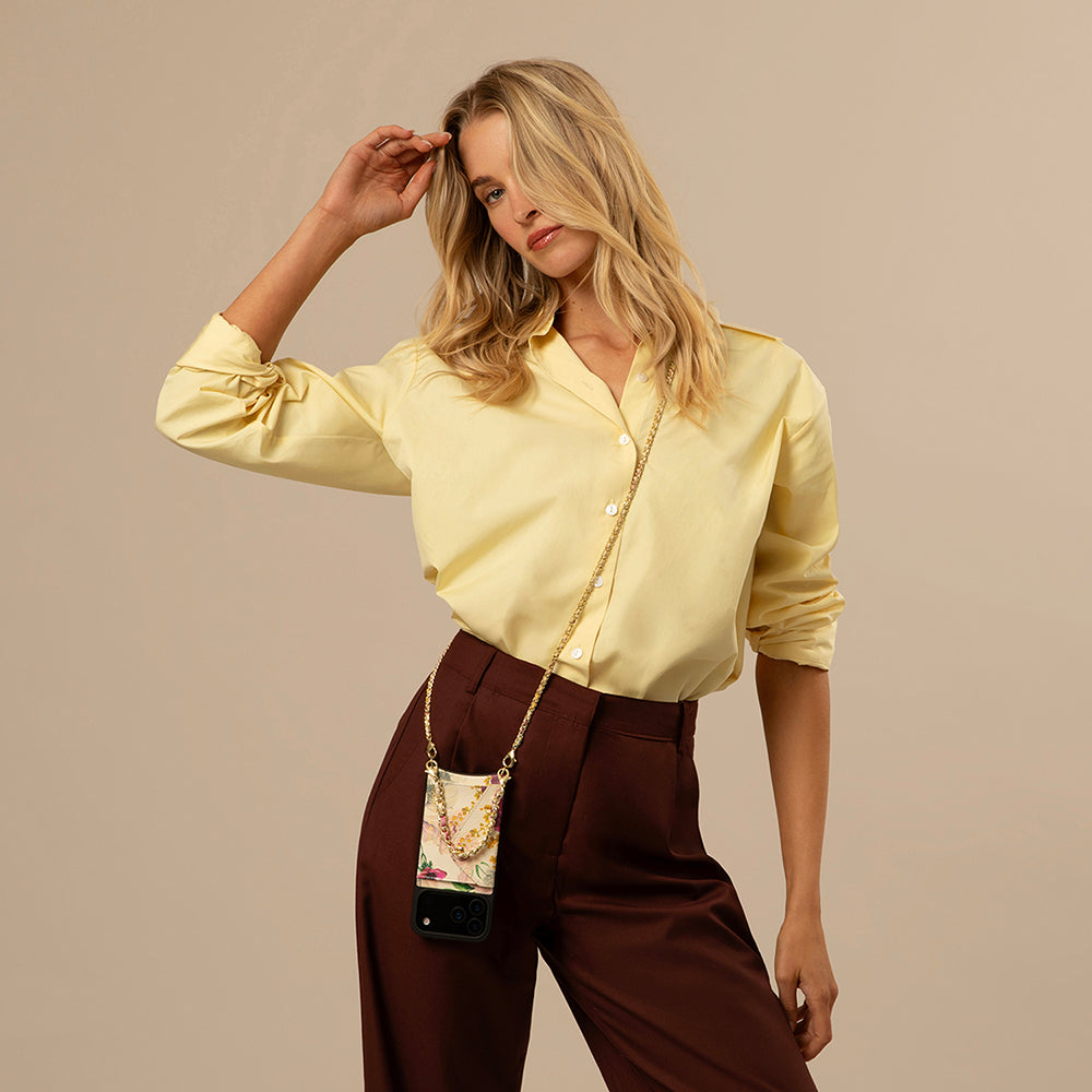 Lily Side Slot Leather Crossbody Bandolier - Ceci Ivory Floral/Gold