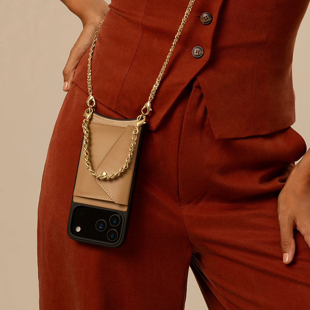 Lily Side Slot Leather Crossbody Bandolier Set - Tan/Gold