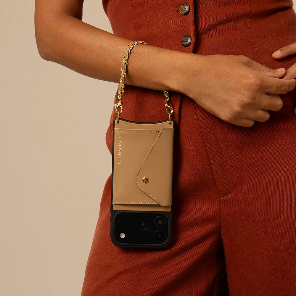 Lily Side Slot Leather Crossbody Bandolier Set - Tan/Gold