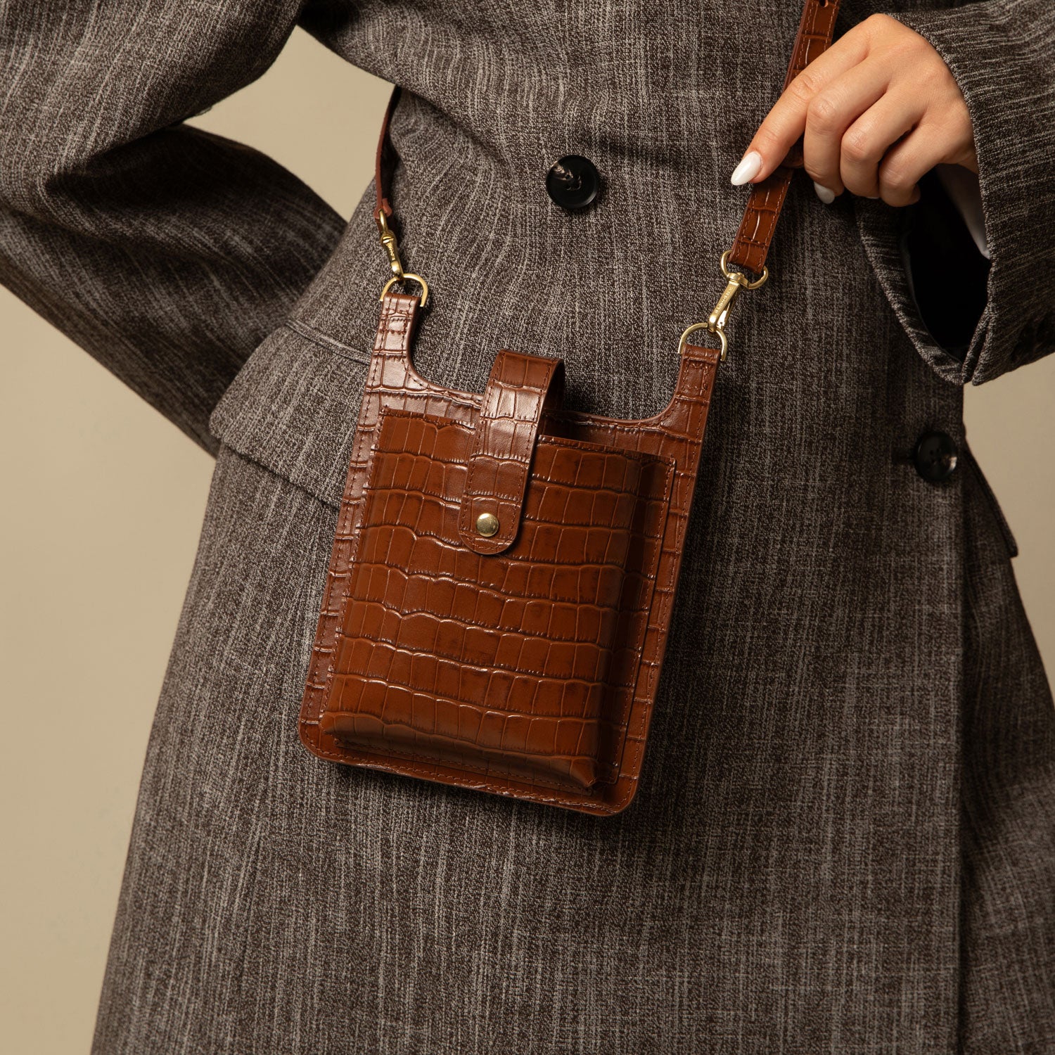 Parker Phone Bag - Brown Croc/Gold