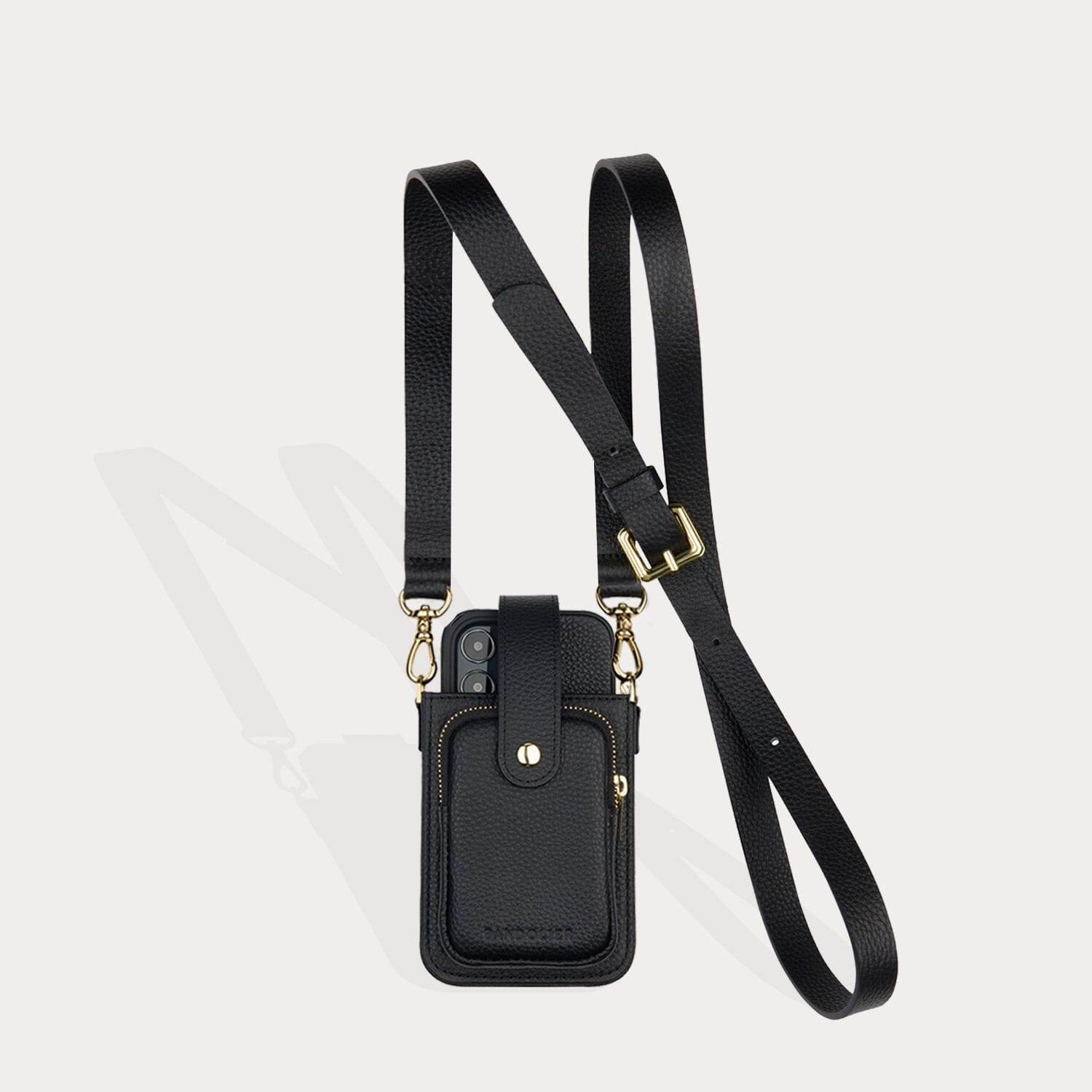 Hailey Phone Pouch and Holster in Black/Gold | Genuine Leather | Bandolier Style