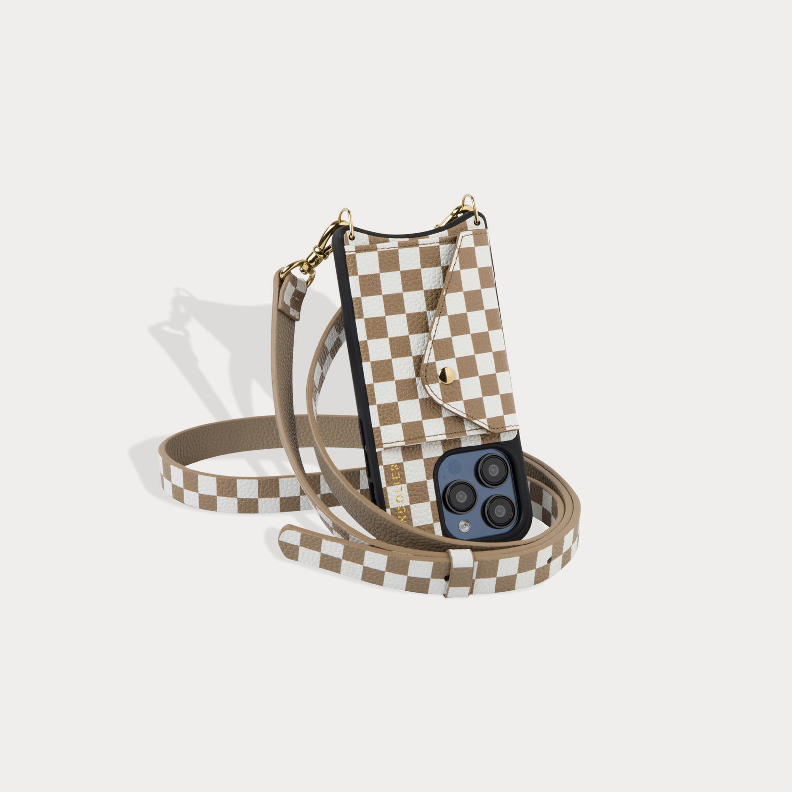 Hailey Side Slot Leather Crossbody Bandolier - Taupe Checker/Gold