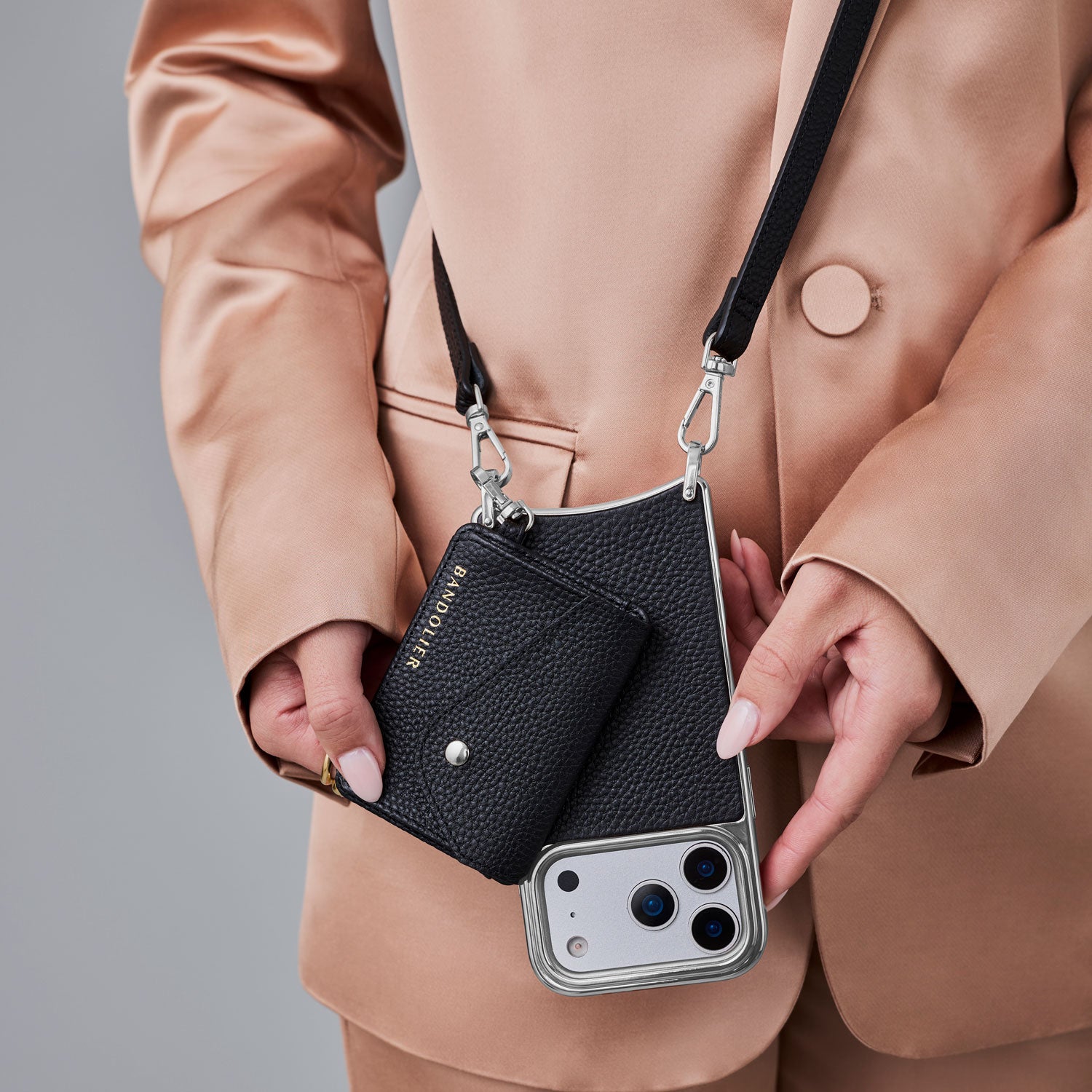 Remi Chrome Magnet Wallet Crossbody Phone Case - Black/Chrome Silver