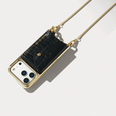 Remi Chain Magnet Wallet Crossbody Phone Case - Black Croc Chrome/Gold