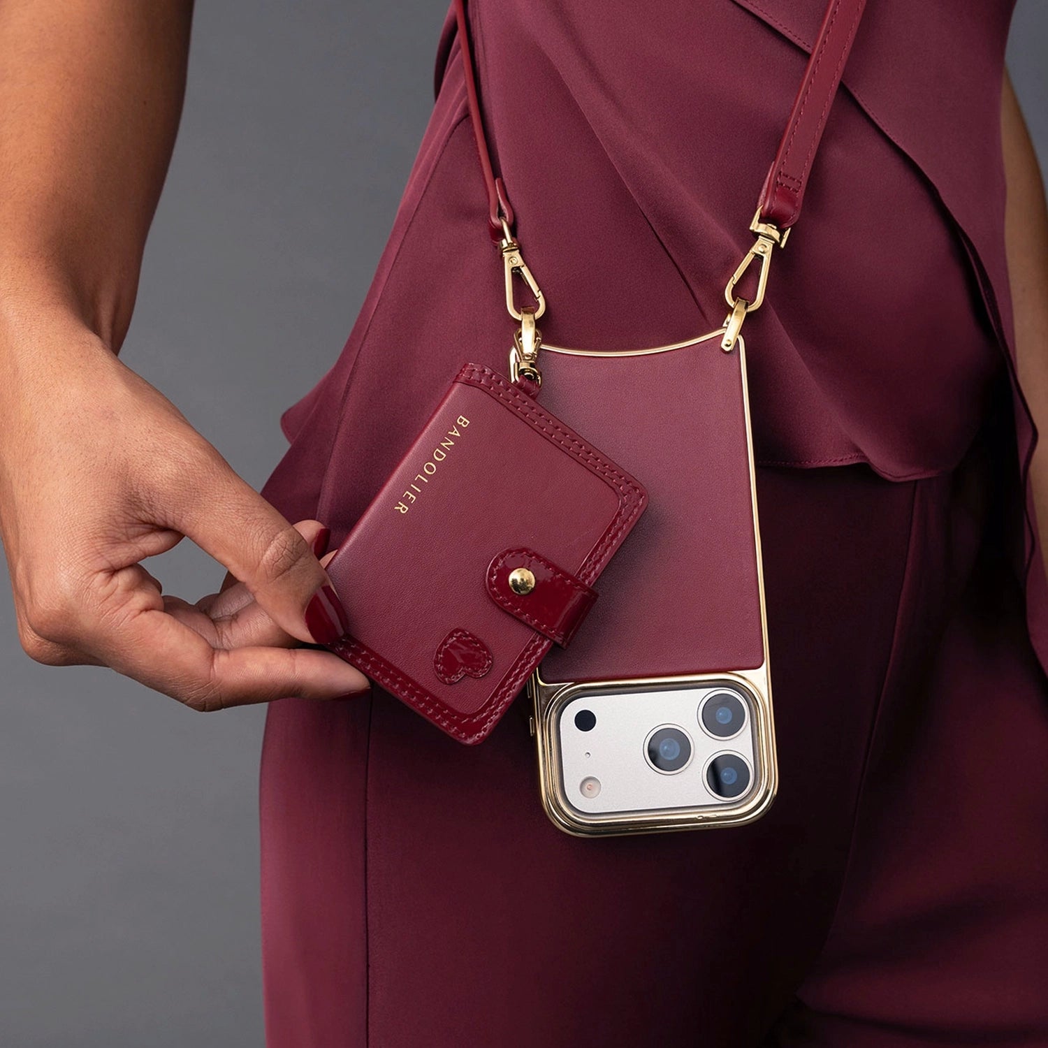 Ivy Magnet Wallet &amp; Lip Pouch Set - Cranberry/Gold