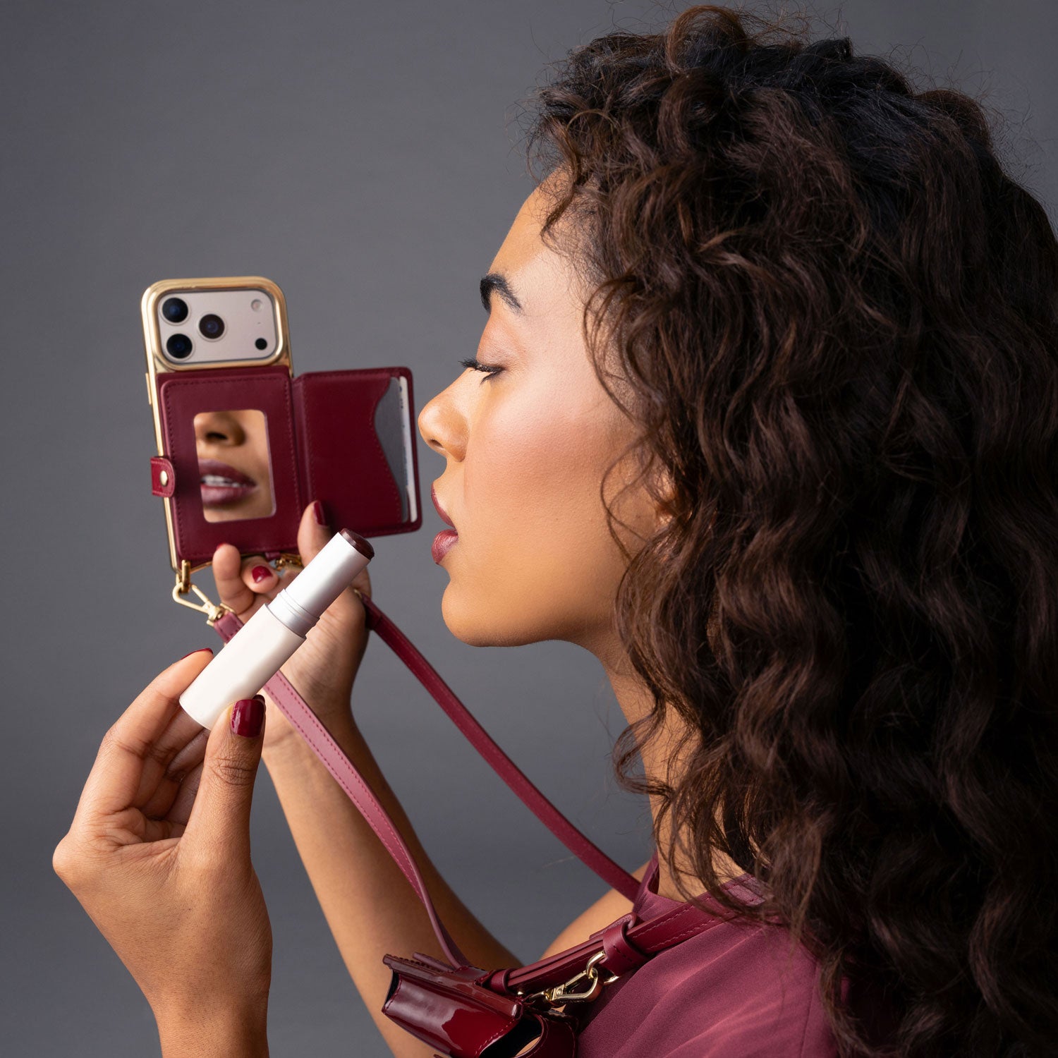 Ivy Magnet Wallet Crossbody Phone Case - Cranberry/Gold