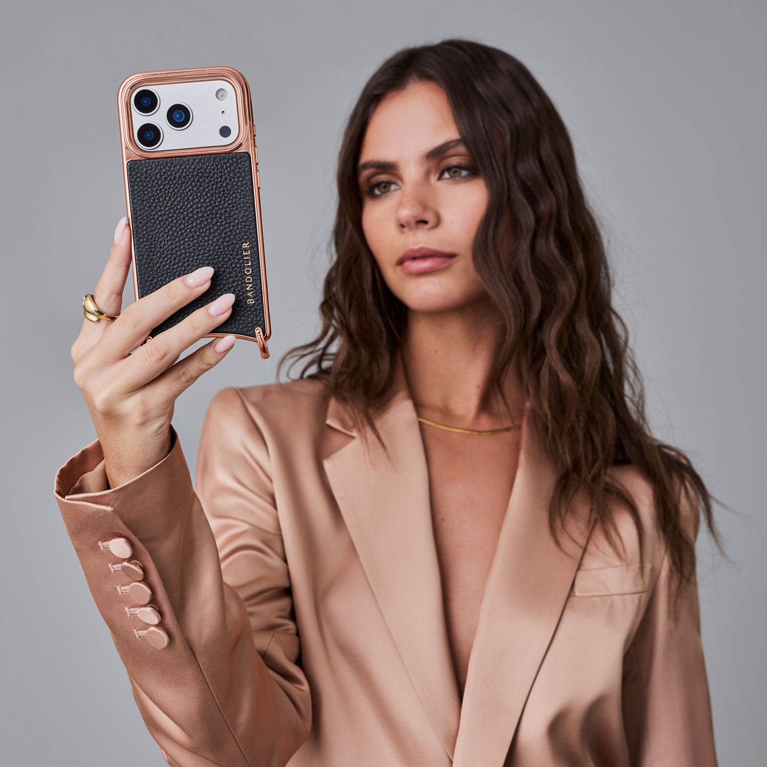 Rayna Chrome Crossbody Phone Case - Black/Rose Gold