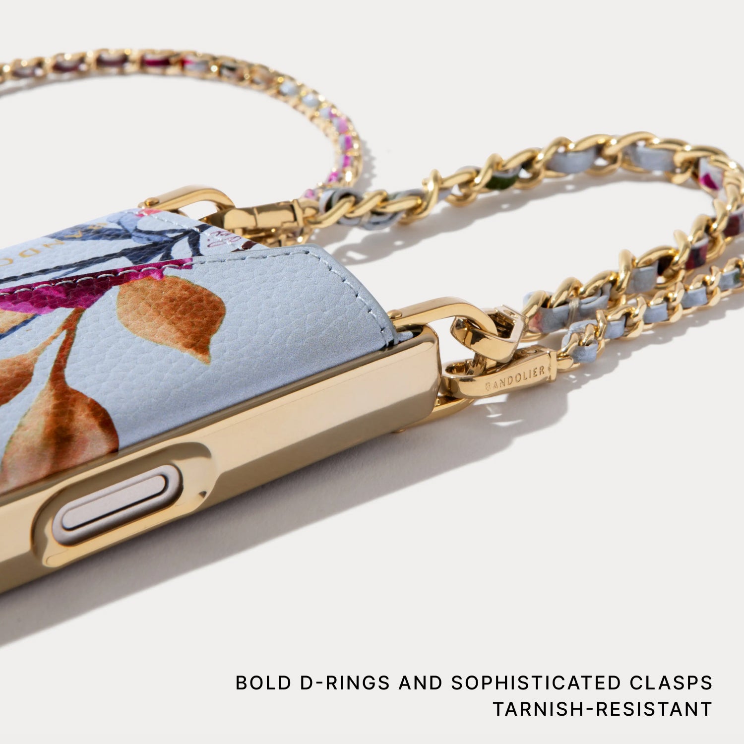 Lily Chrome Side Slot Leather Crossbody Bandolier Set - Ceci Blue Floral Chrome/Gold