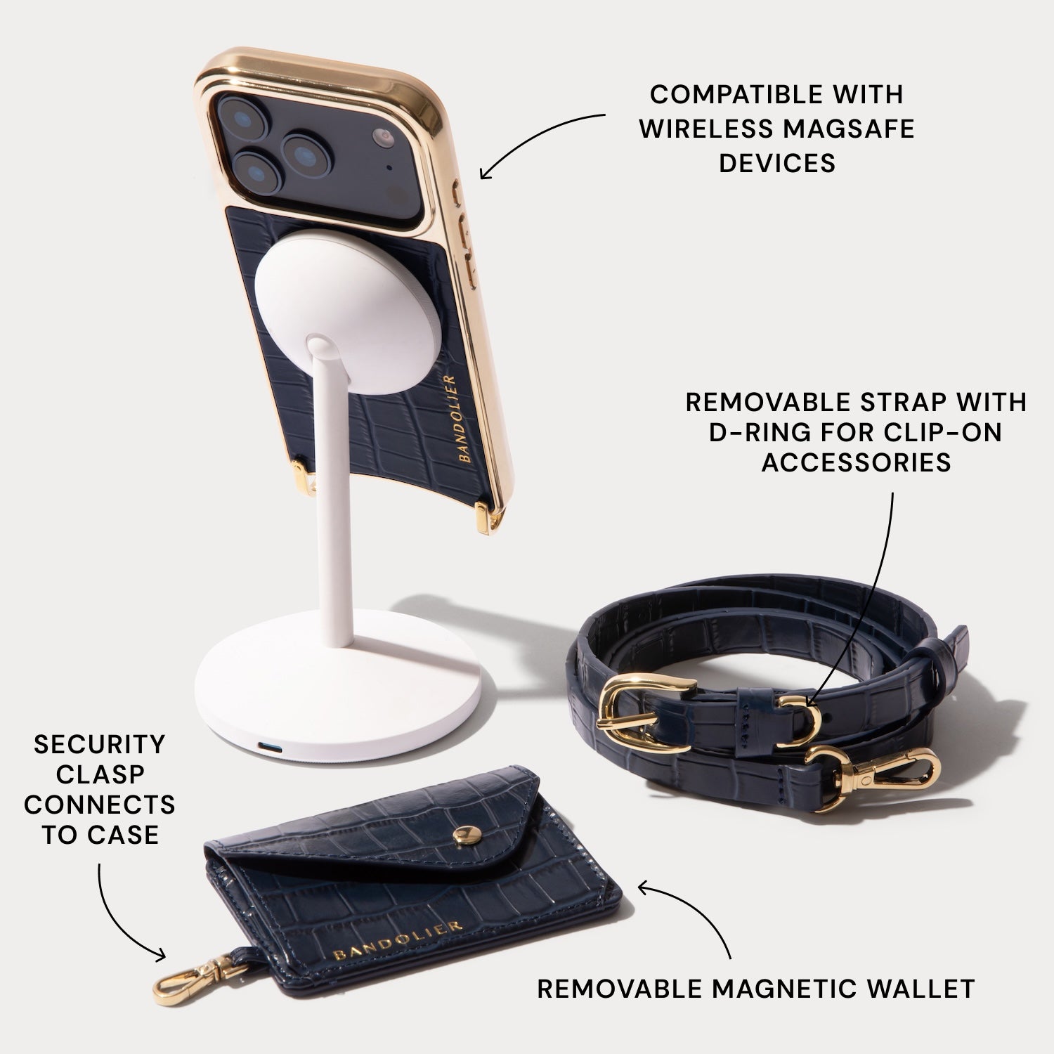 Remi Magnet Wallet Crossbody Phone Case - Navy Croc/Gold