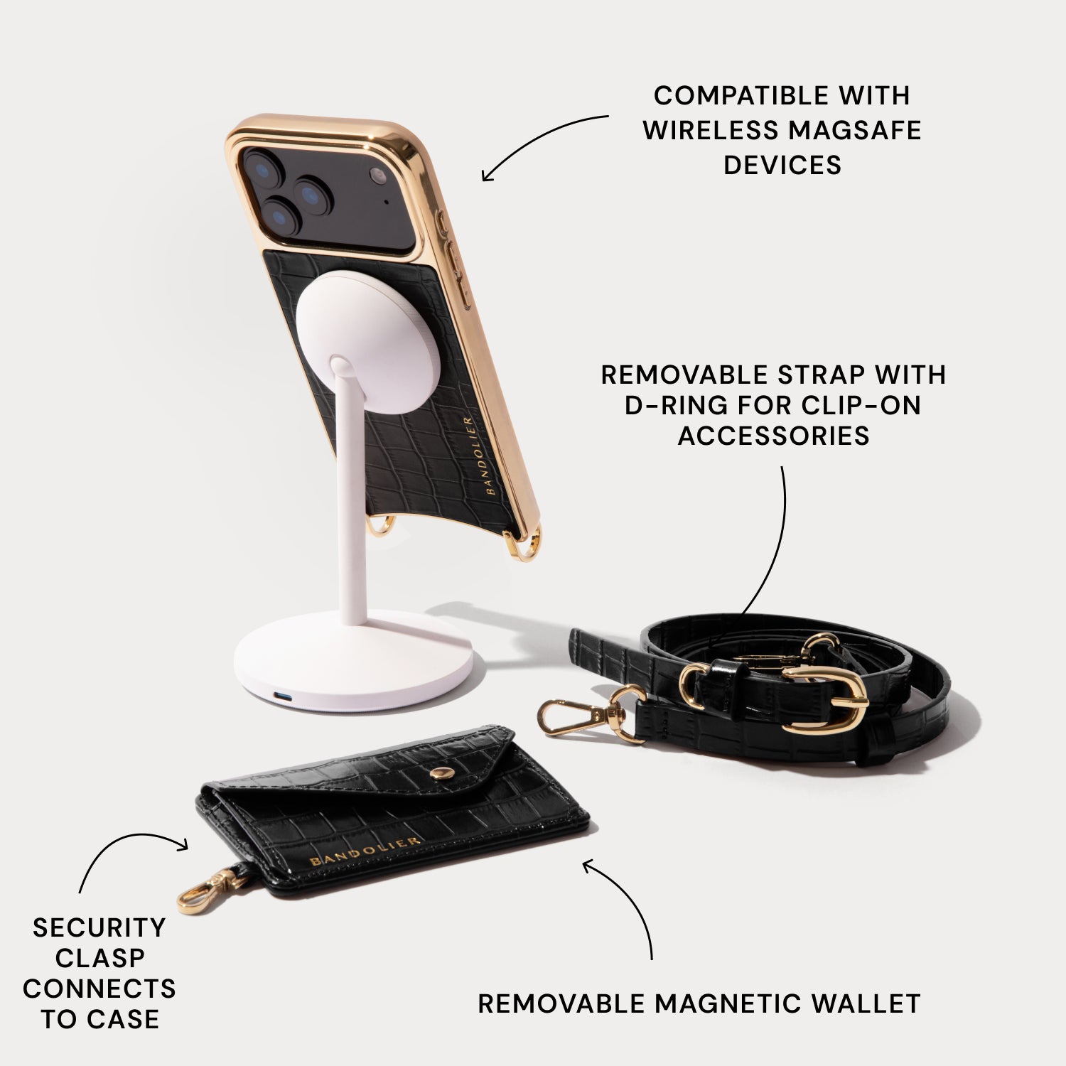 Remi Magnet Wallet Crossbody Phone Case - Black Croc/Gold