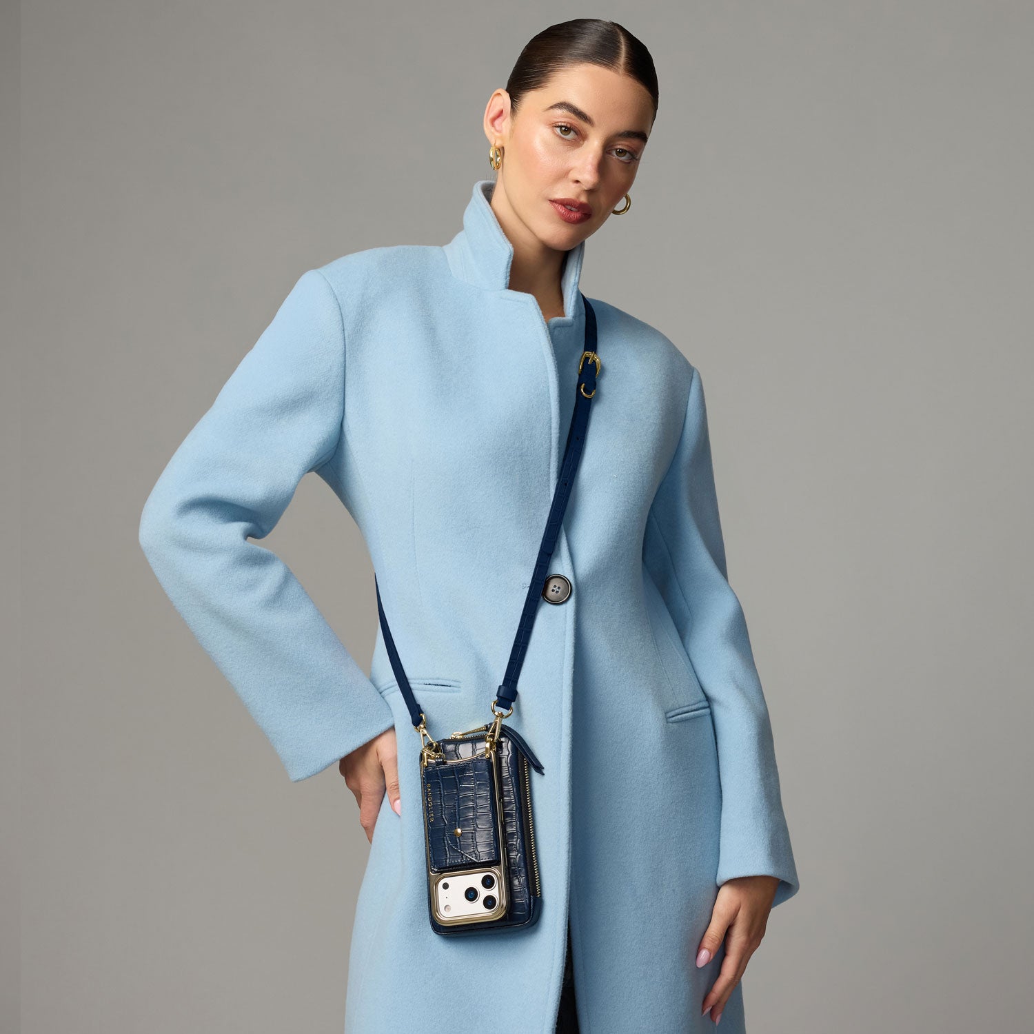 Remi Magnet Wallet Crossbody Phone Case Pouch Set - Navy Croc/Gold