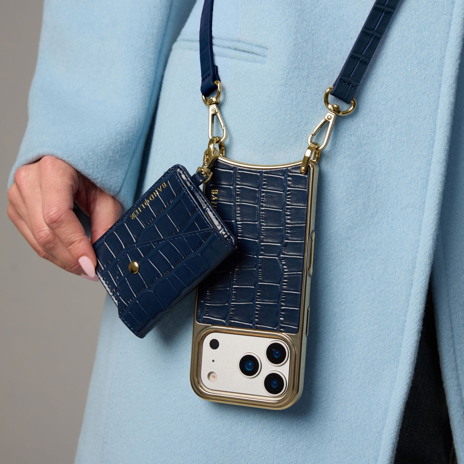 Remi Magnet Wallet Crossbody Phone Case - Navy Croc/Gold